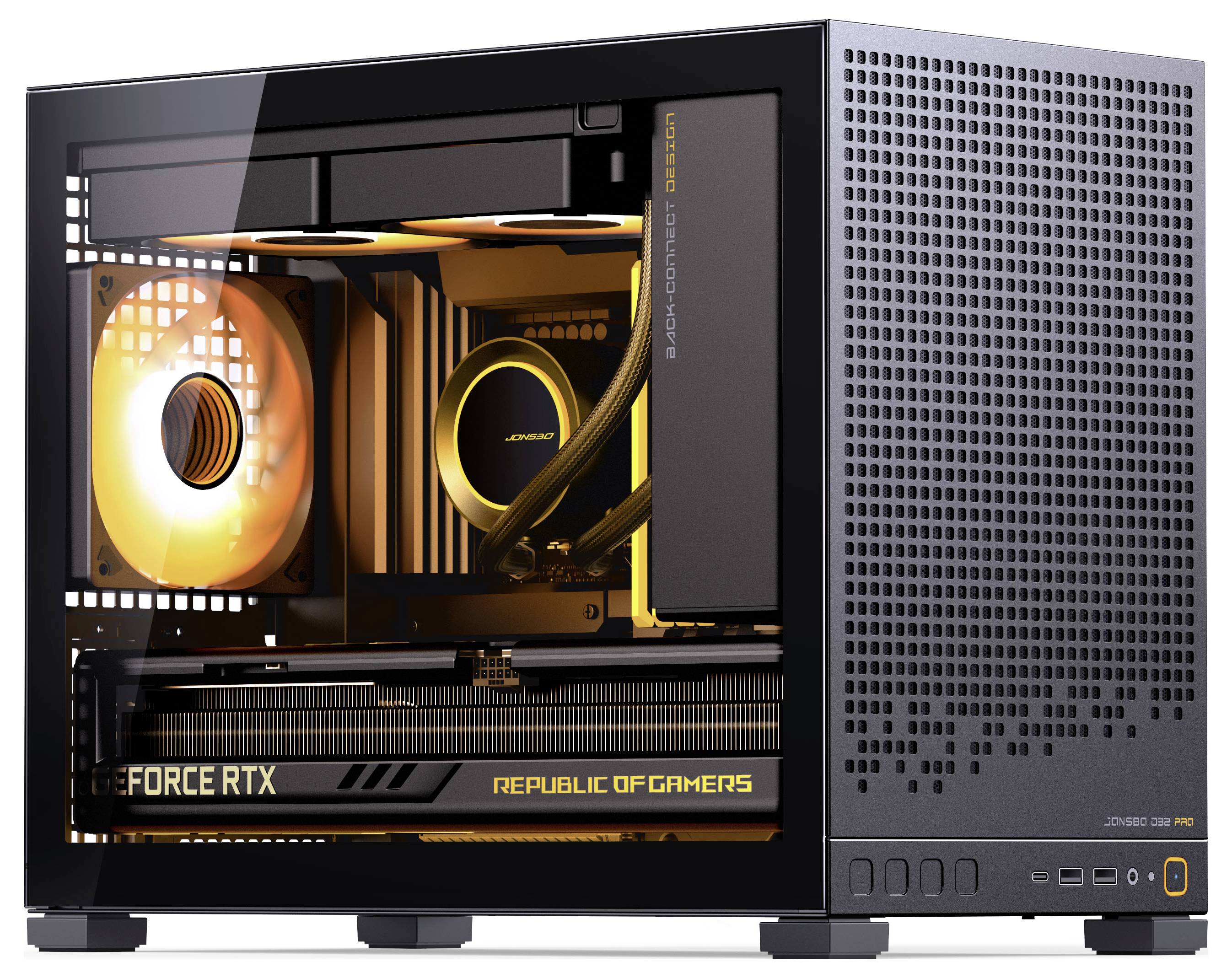 Un petit PC de bureau avec un panneau latéral ouvert mettant en valeur un éclairage LED orange, une carte graphique NVIDIA GeForce RTX, et une étiquette « Republic of Gamers ».