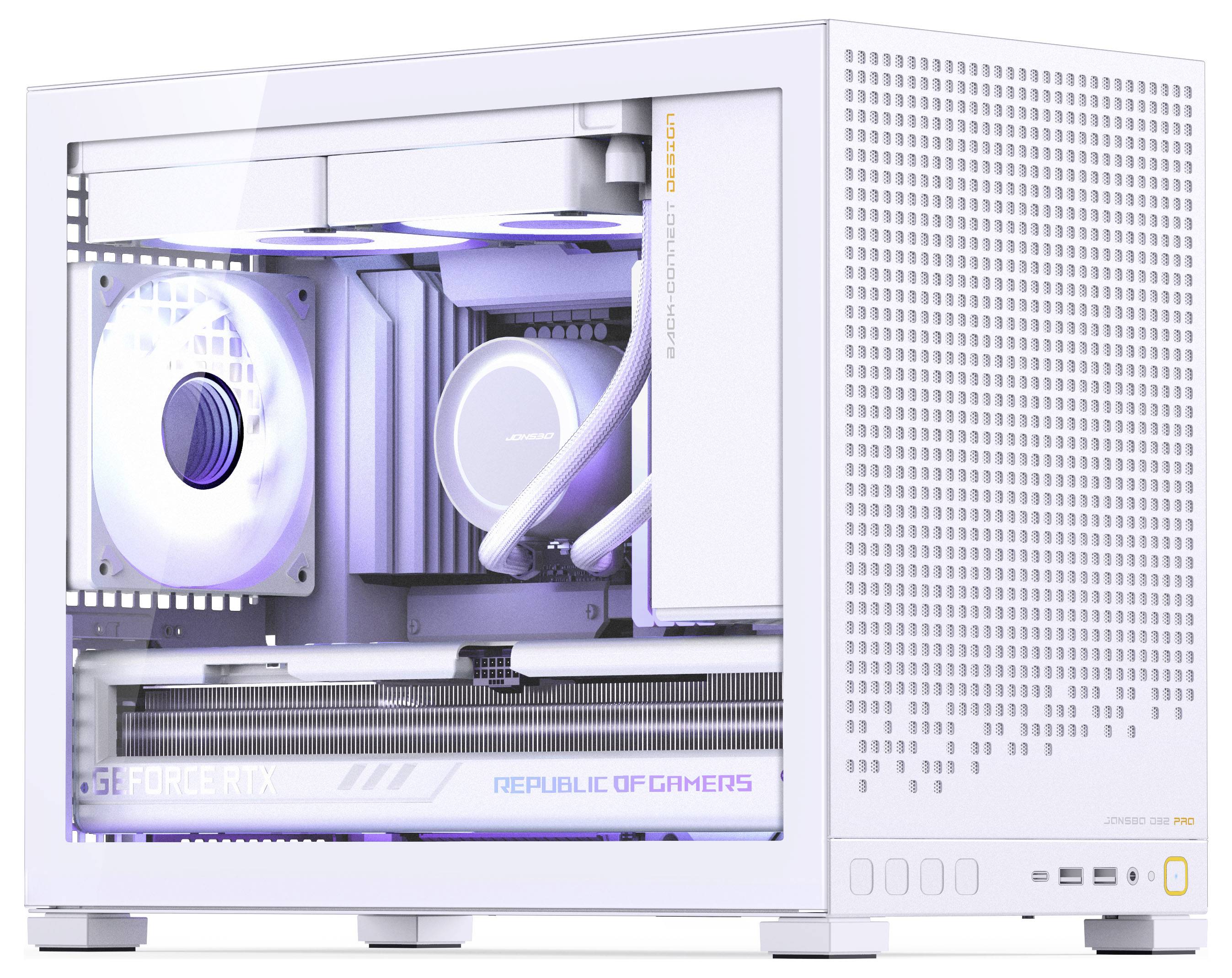 Un PC de gaming blanc avec éclairage RVB interne, mettant en valeur une carte graphique GeForce RTX et un système de refroidissement liquide dans un boîtier compact.