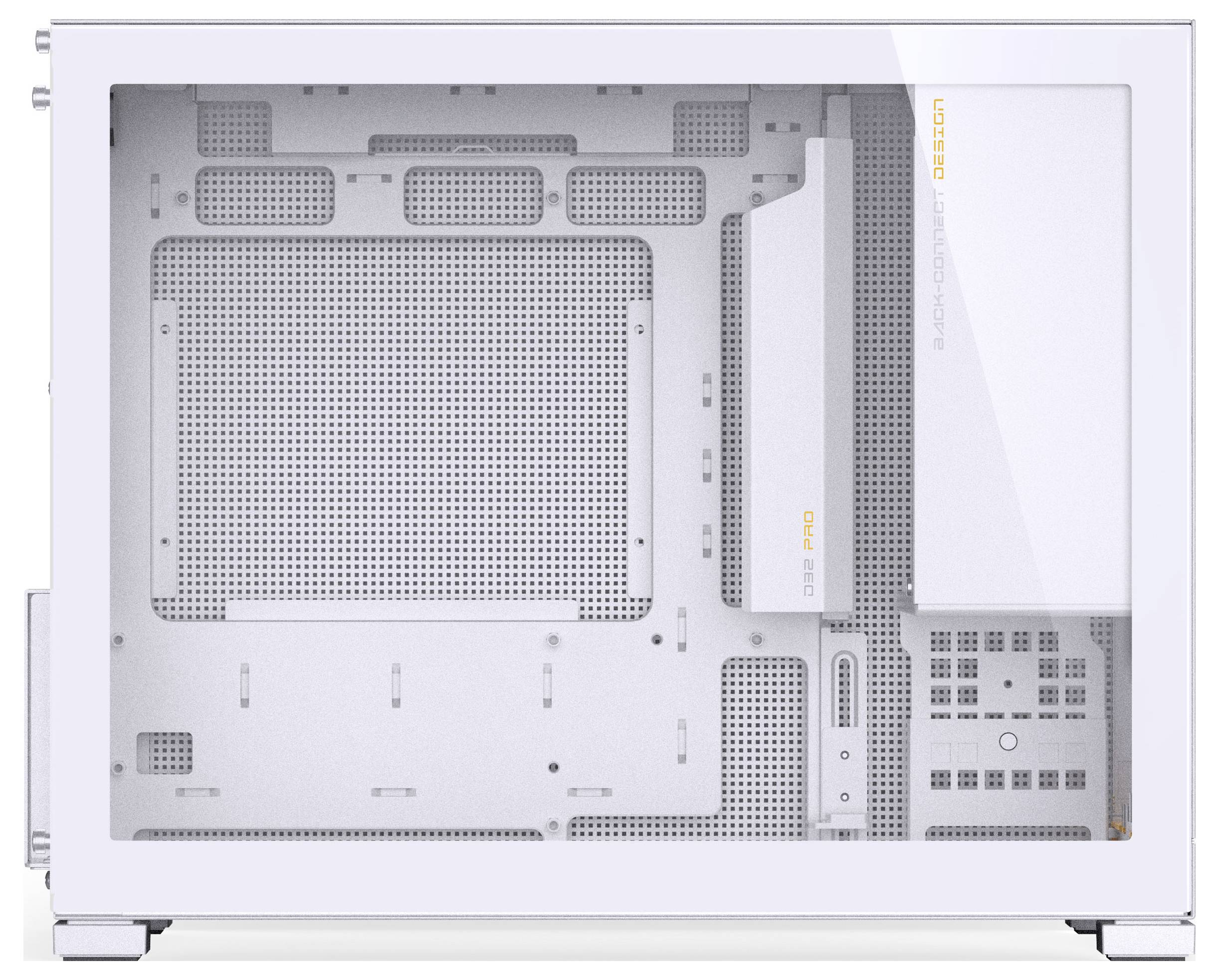 Boîtier d'ordinateur blanc avec agencement interne visible, présentant des baies de disques, des emplacements d'extension et des zones de gestion des câbles.