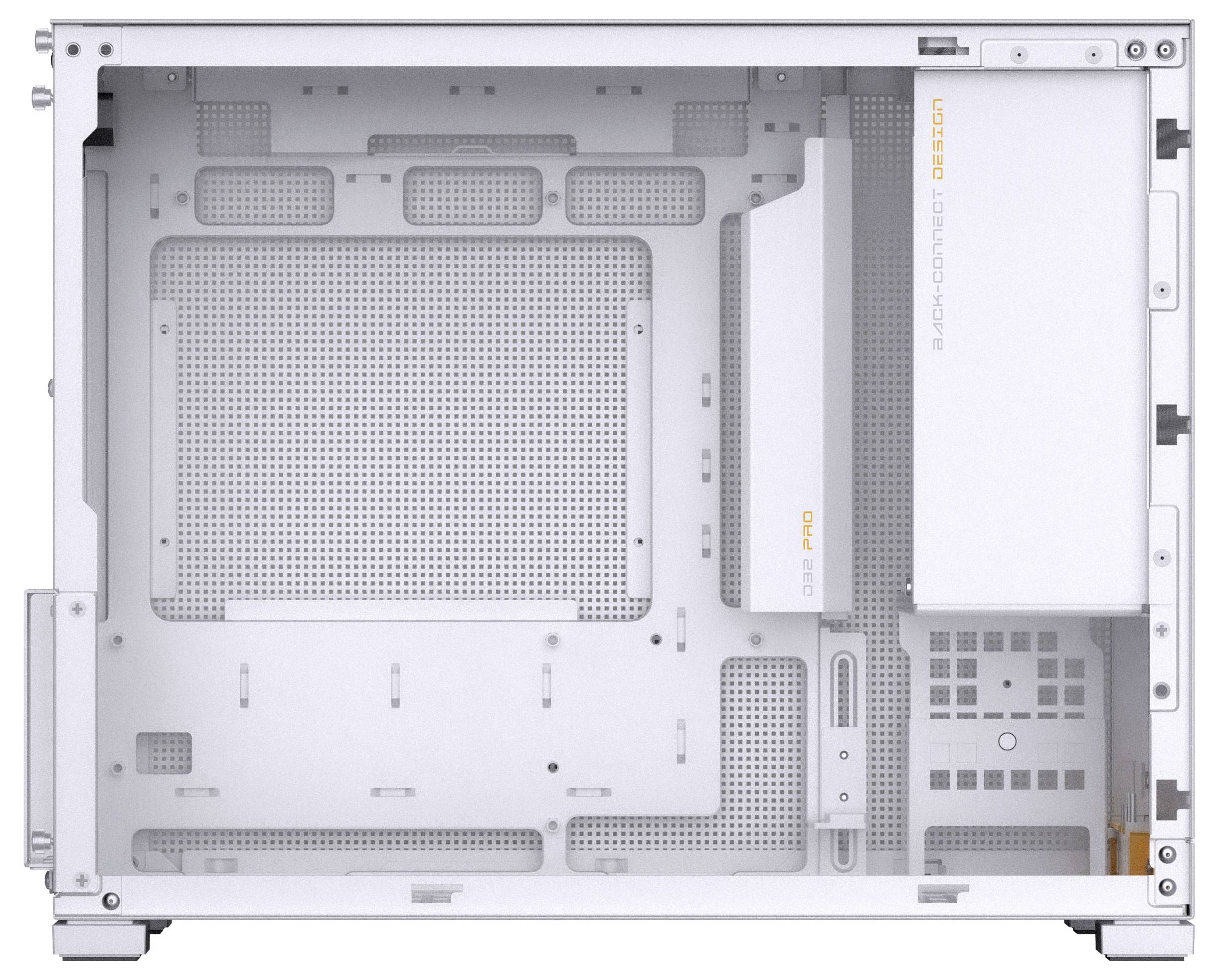 Vue latérale d'un boîtier d'ordinateur blanc montrant l'agencement intérieur des composants, avec des points de fixation et des grilles de ventilation visibles.