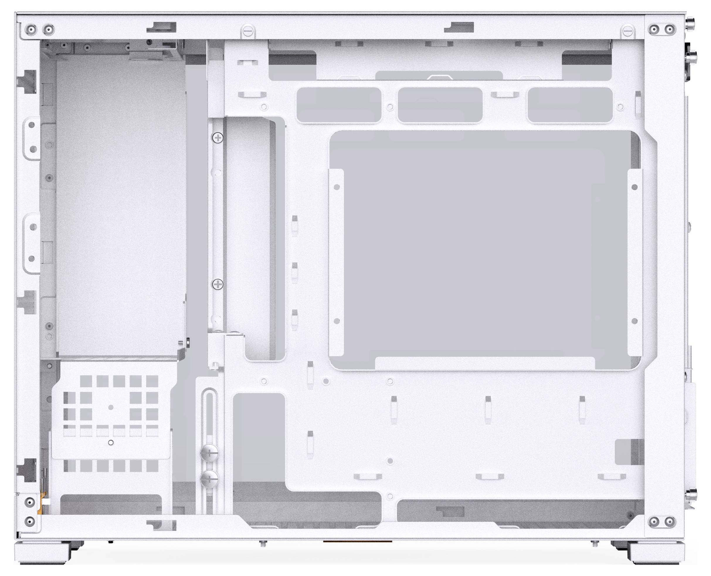 Boîtier d'ordinateur blanc ouvert montrant la disposition intérieure avec des espaces pour les composants tels que la carte mère, l'alimentation et les systèmes de refroidissement.