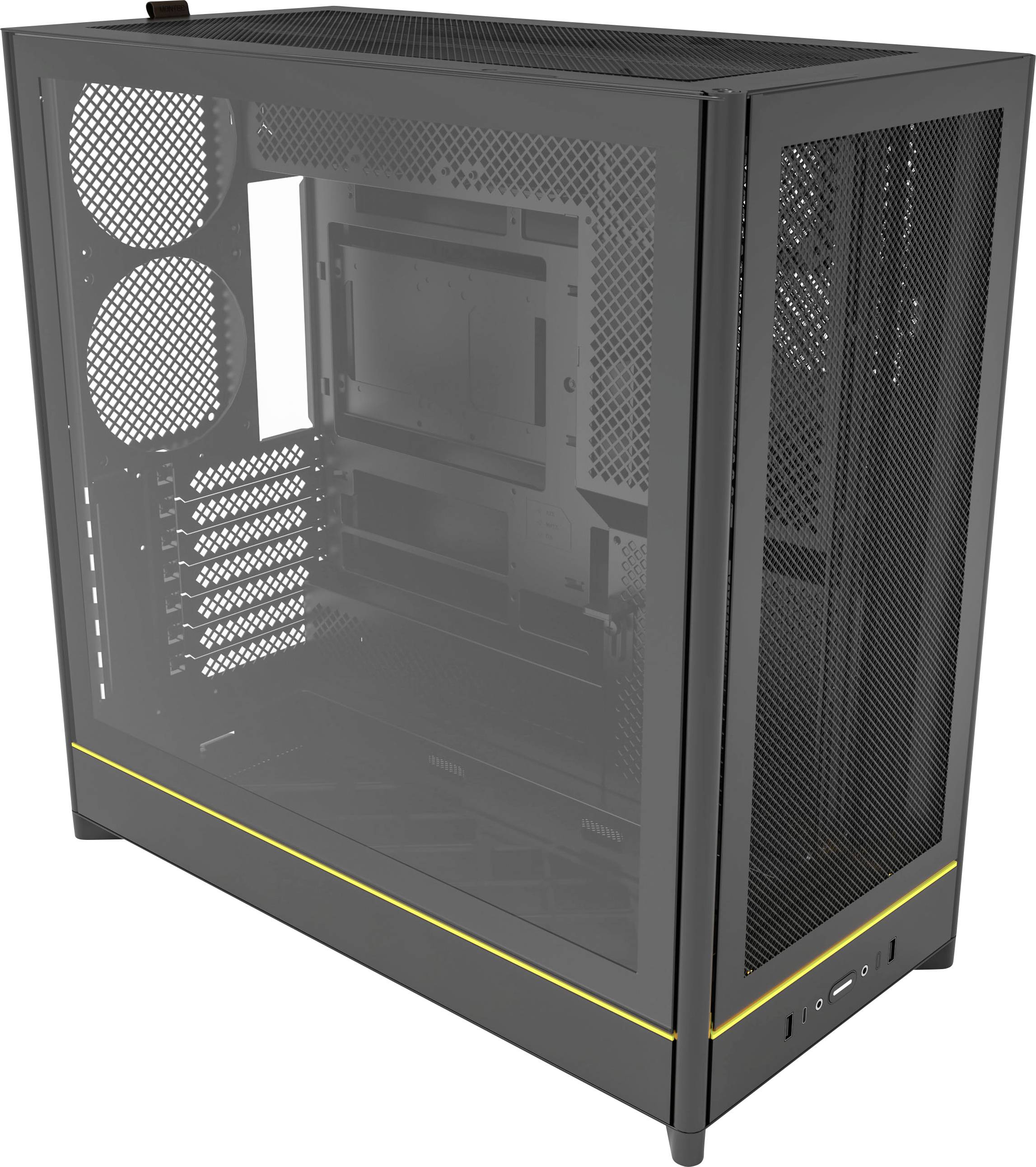 Boîtier d'ordinateur avec un panneau latéral transparent, supports pour doubles ventiladores à l'arrière, et une ligne d'accentuation jaune près du bas.