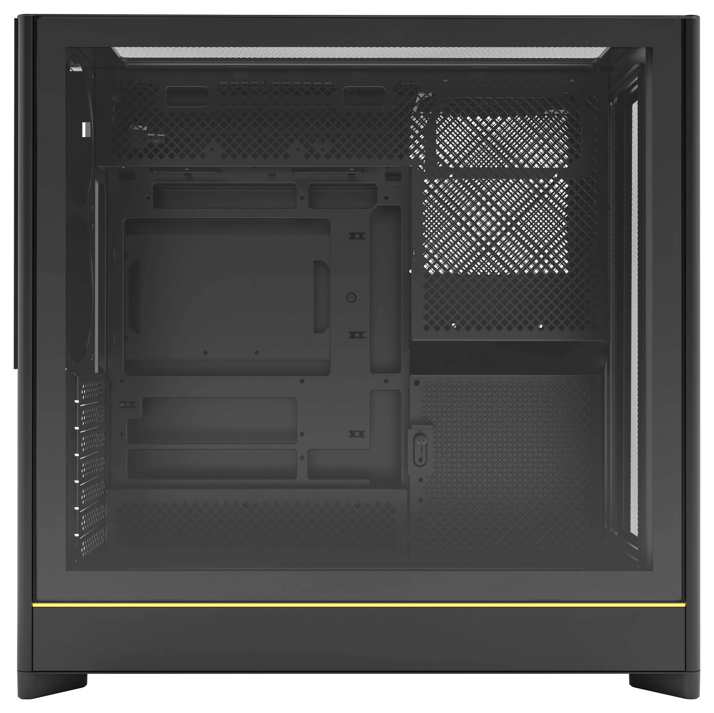 Boîtier d'ordinateur rectangulaire noir vide avec un panneau latéral en verre, mettant en valeur les compartiments internes et les zones de montage pour les composants.