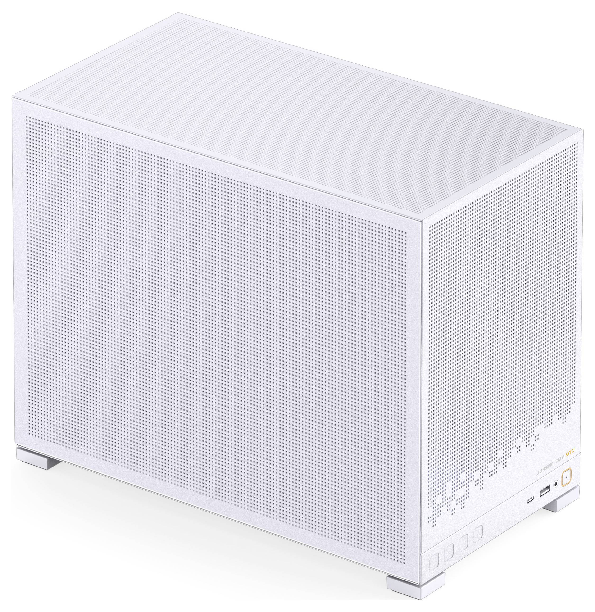 Un boîtier d'ordinateur blanc élégant avec un design perforé et un panneau avant comprenant des ports USB et un bouton d'alimentation.