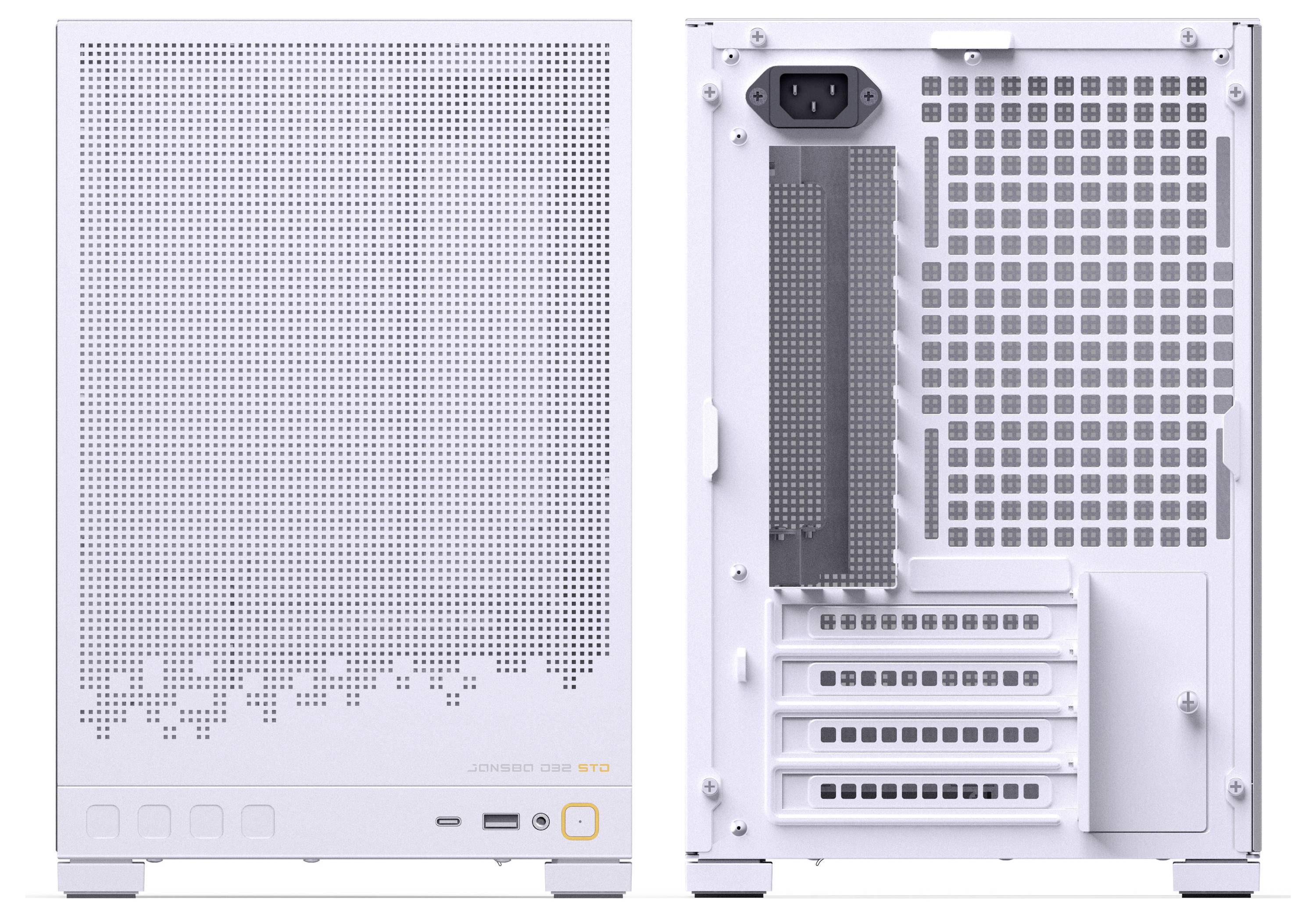'Boîtier d'ordinateur blanc avec un design de ventilation à motifs, plusieurs emplacements d'extension et divers ports d'entrée/sortie sur le panneau avant.