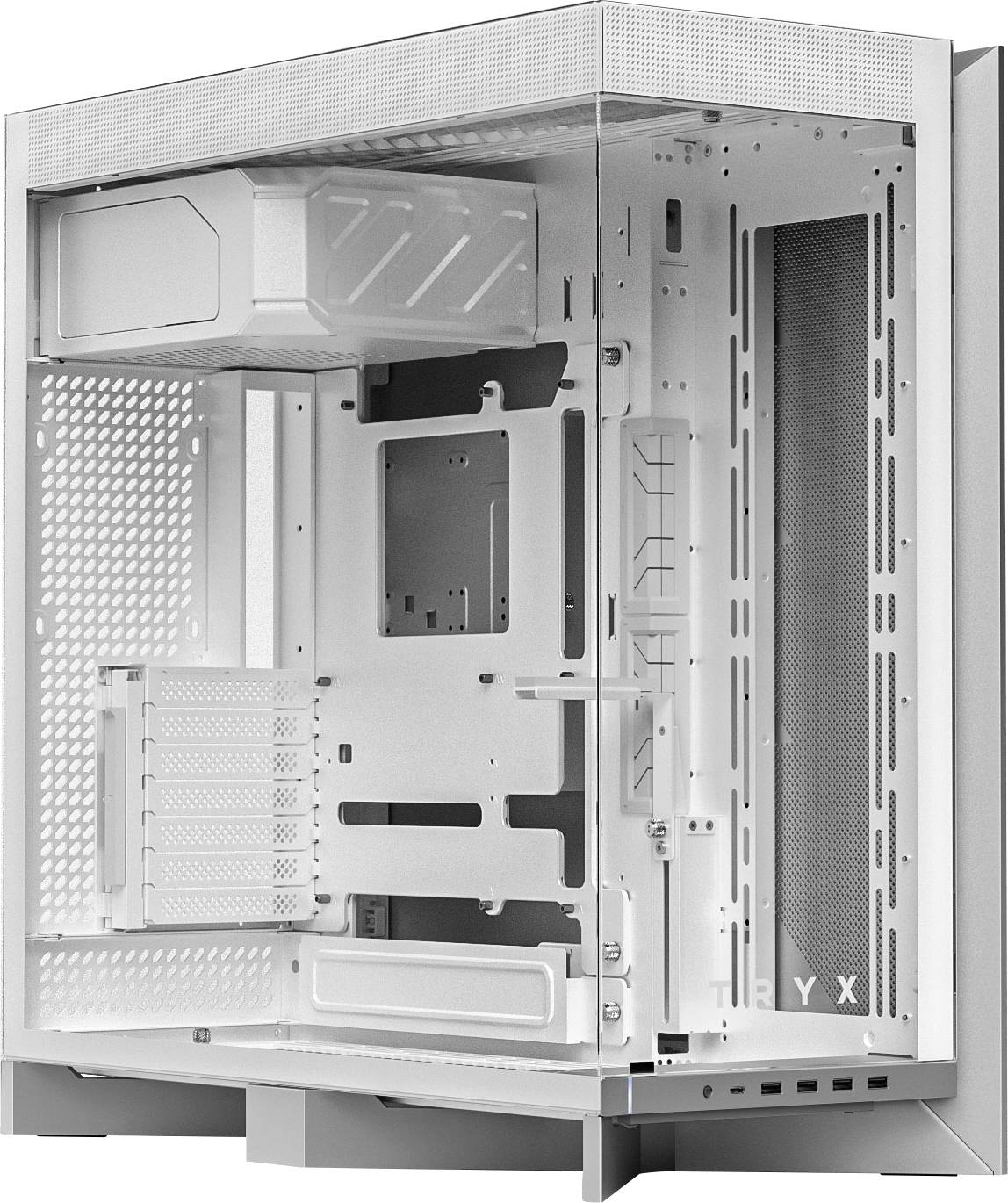 Un boîtier d'ordinateur blanc avec un panneau latéral transparent, montrant les compartiments internes et les emplacements pour les composants, tels que les lecteurs et les supports de carte mère.