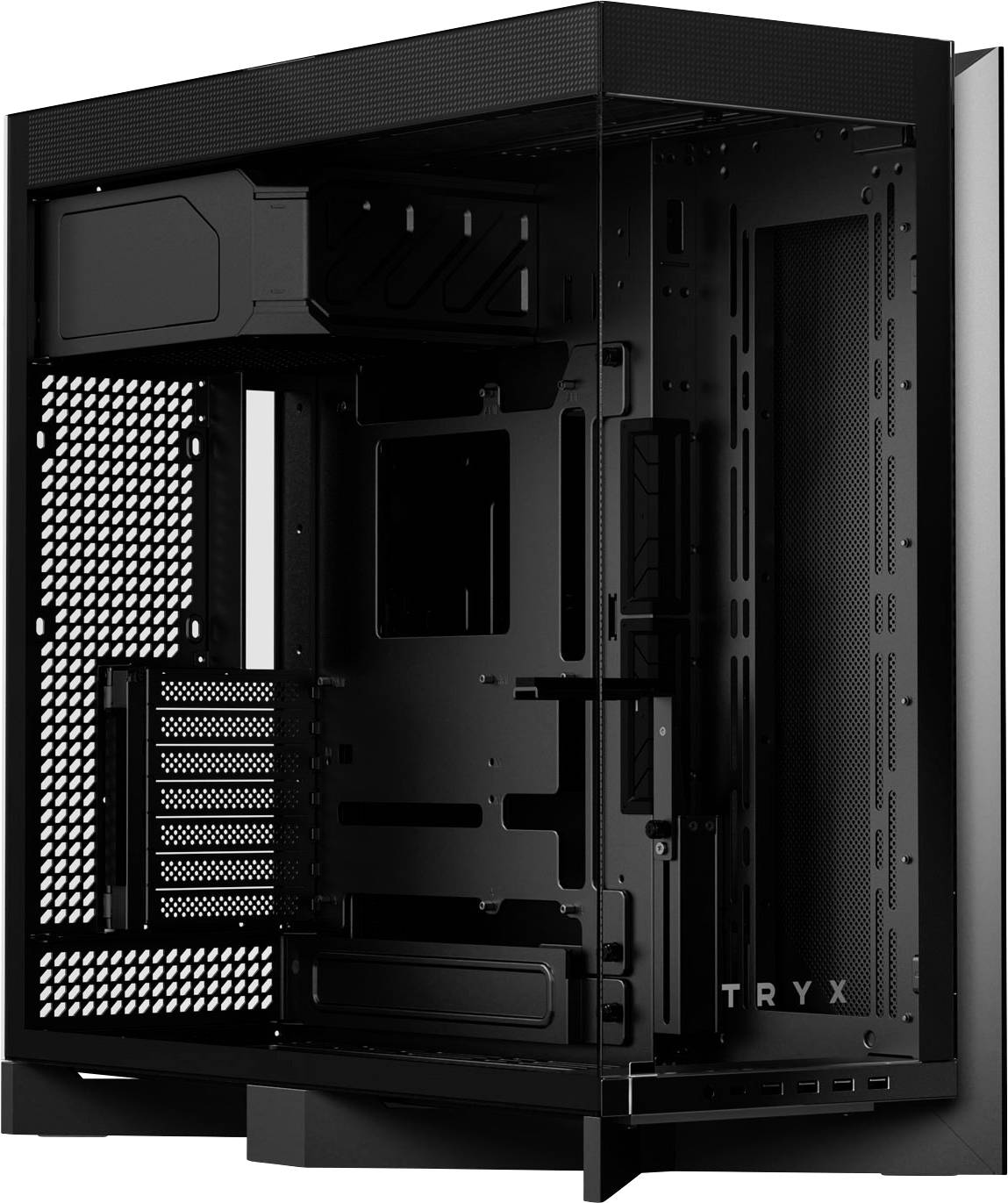 Un boîtier d'ordinateur noir haute performance avec un panneau latéral transparent, mettant en valeur les compartiments intérieurs et les emplacements pour les composants.