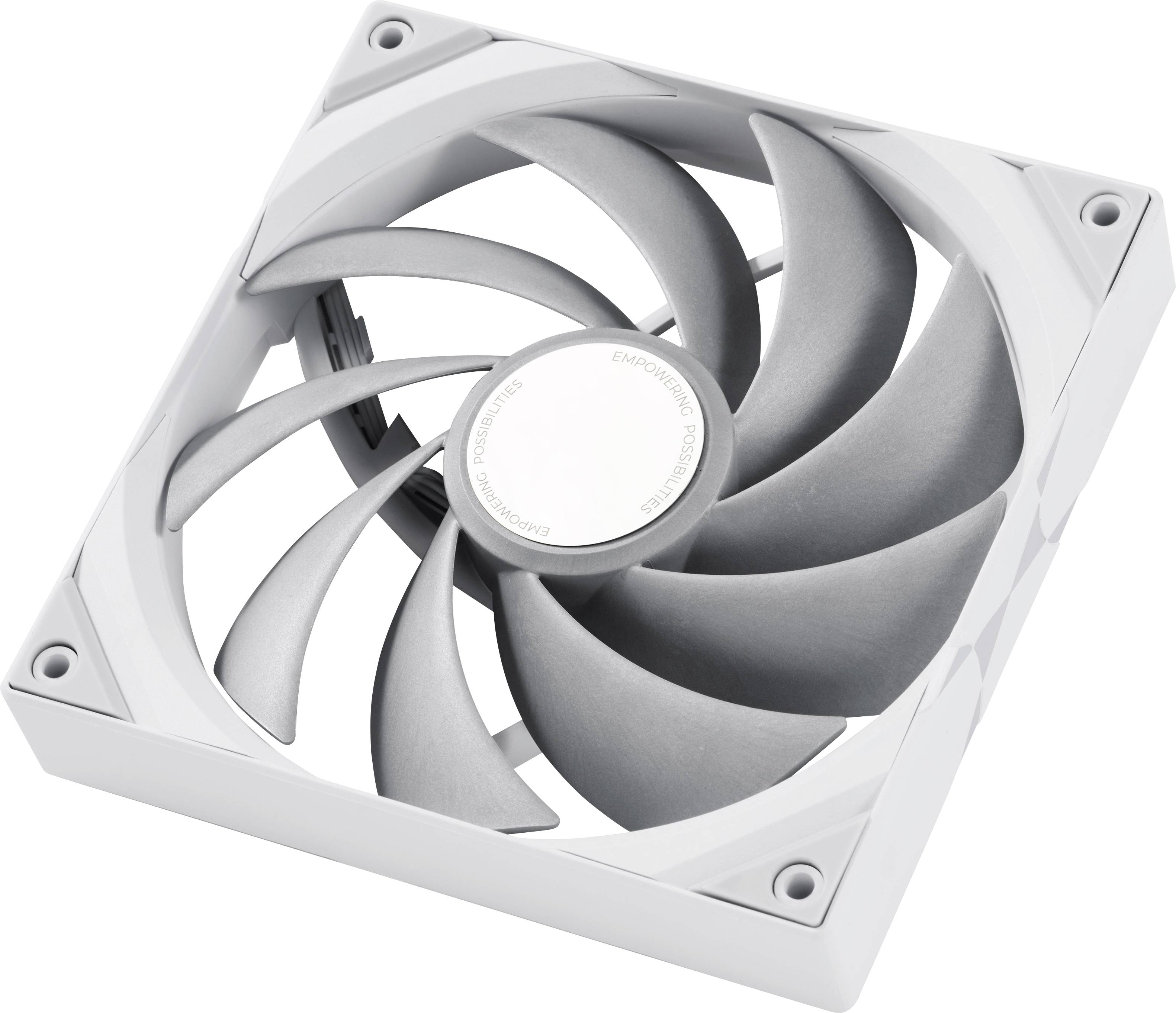 Un ventilateur d'ordinateur carré, blanc, avec huit pales courbes, conçu pour refroidir les composants informatiques.
