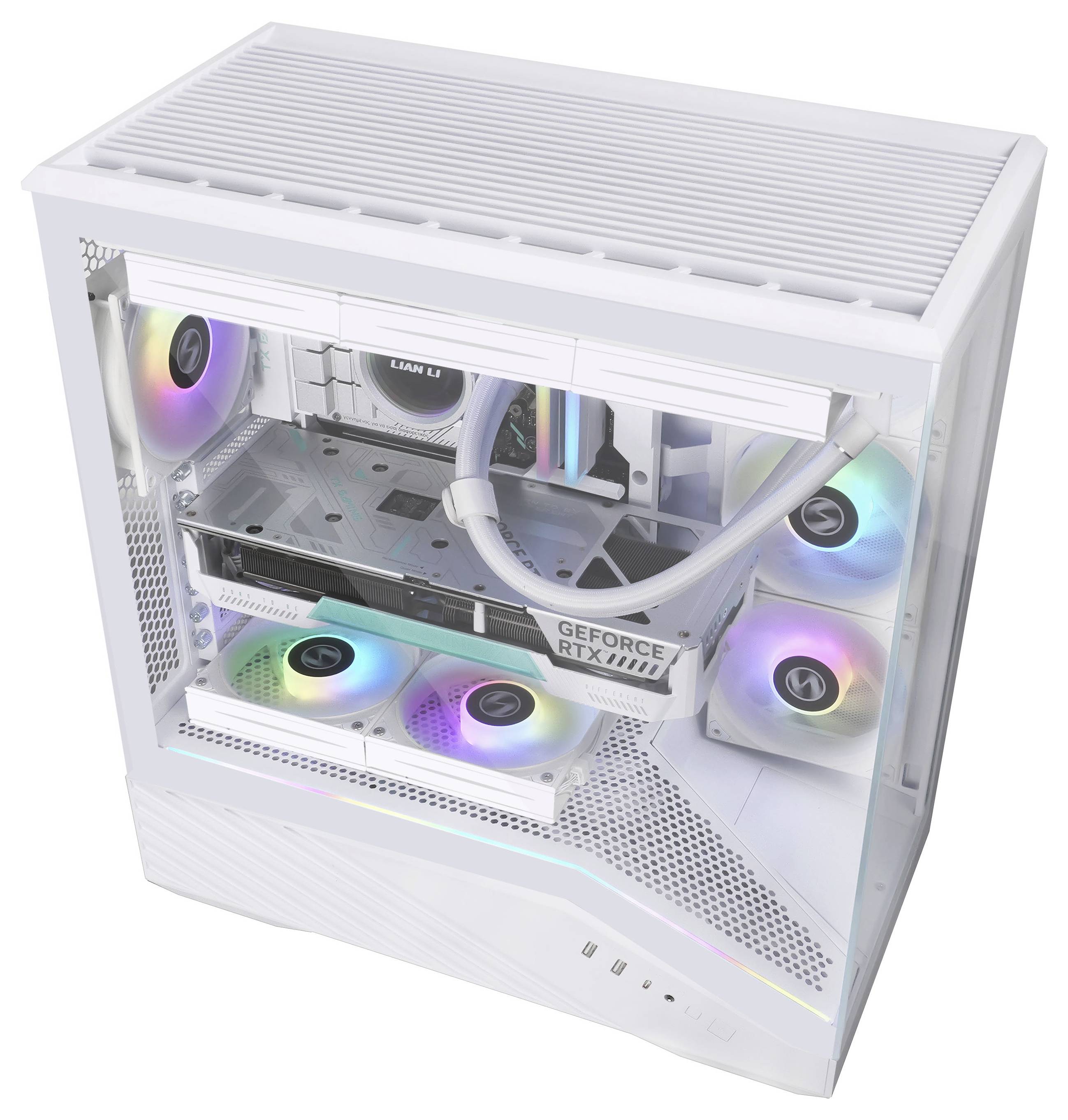 Tour d'ordinateur de jeu blanc avec un panneau latéral transparent. À l'intérieur, des ventilateurs de refroidissement avec éclairage RVB et une carte graphique 'GeForce RTX'.