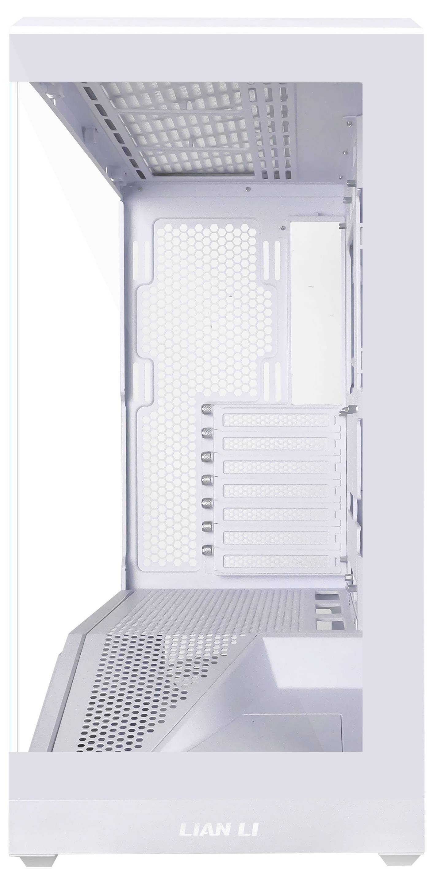 Un boîtier d'ordinateur blanc de marque LIAN LI, ouvert sur le côté, révélant des compartiments internes vides et des emplacements pour composants.