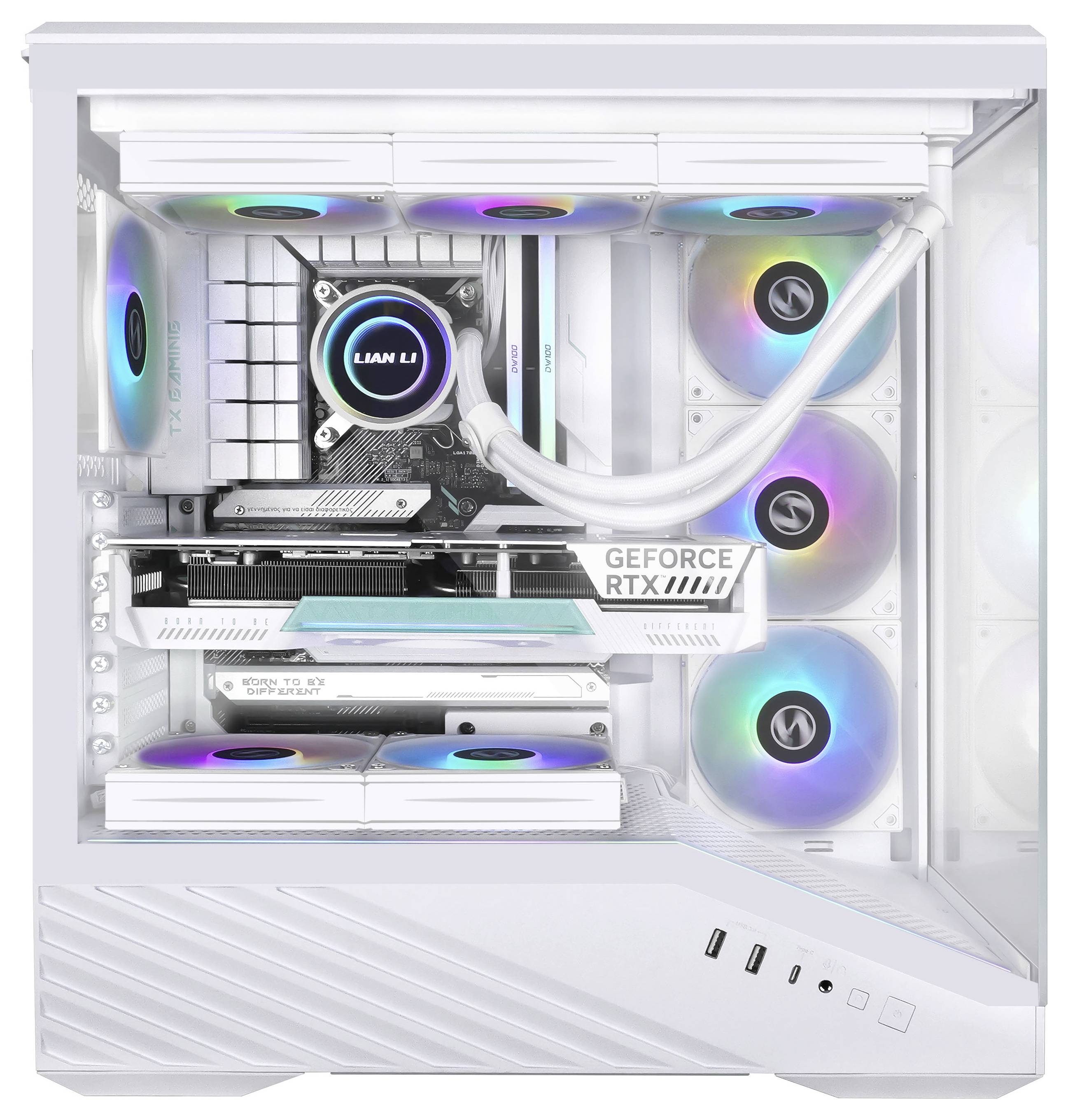 Un boîtier d'ordinateur de bureau blanc avec un éclairage RVB interne visible, une carte graphique GeForce RTX et plusieurs ventilateurs de refroidissement à l'intérieur.