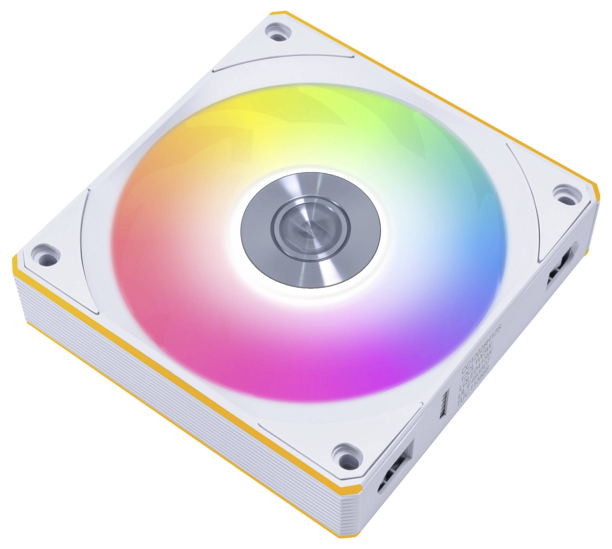Un ventilateur d'ordinateur blanc, de forme carrée, avec un éclairage LED multicolore au centre, utilisé pour le refroidissement et l'amélioration visuelle des PC.