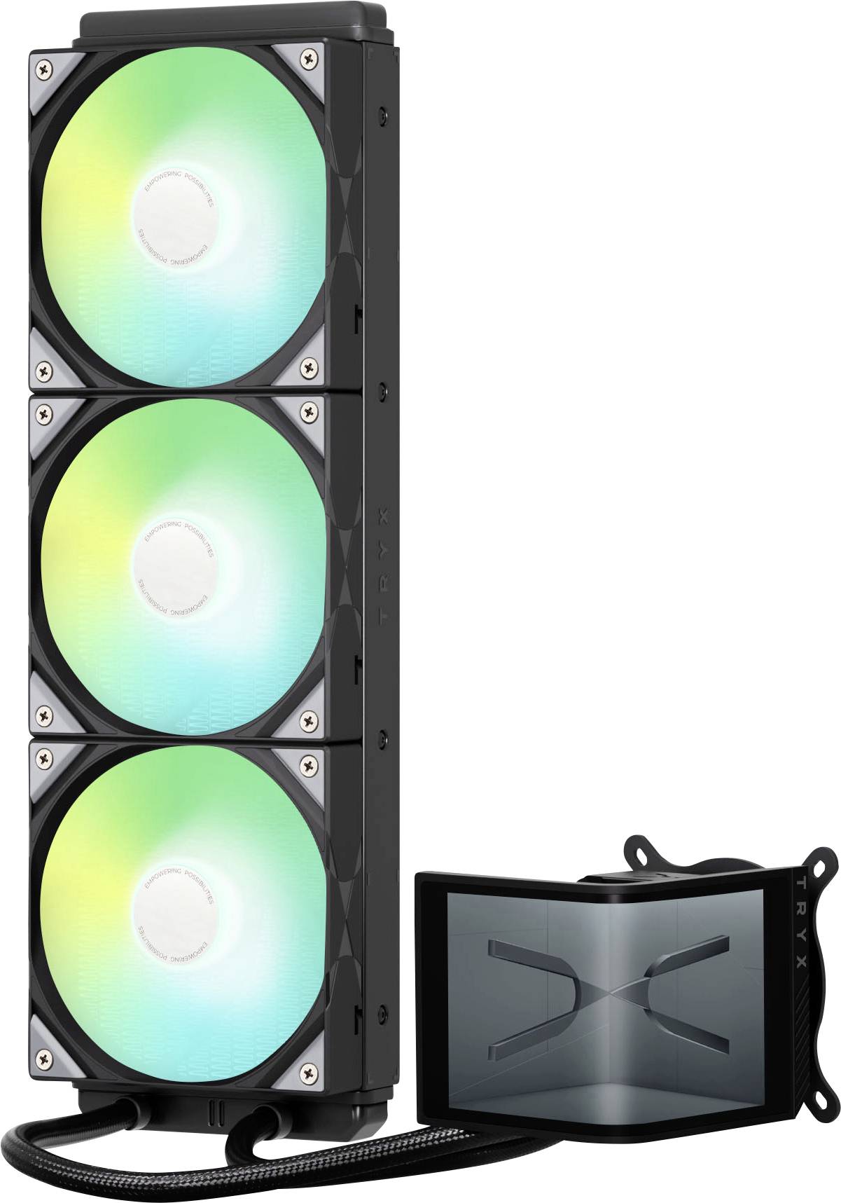 Un système de refroidissement liquide pour ordinateur doté de trois ventiladores éclairés par des LED, positionnés à côté d'une pompe transparente présentant un design stylisé en forme de 'X'.