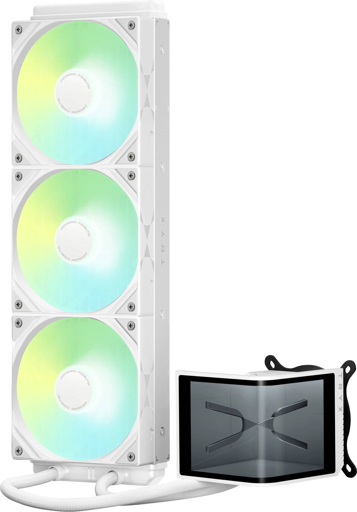 Un système de refroidissement blanc pour ordinateur avec trois ventileurs à éclairage RVB et un bloc de pompe assorti, conçu pour une dissipation thermique efficace.