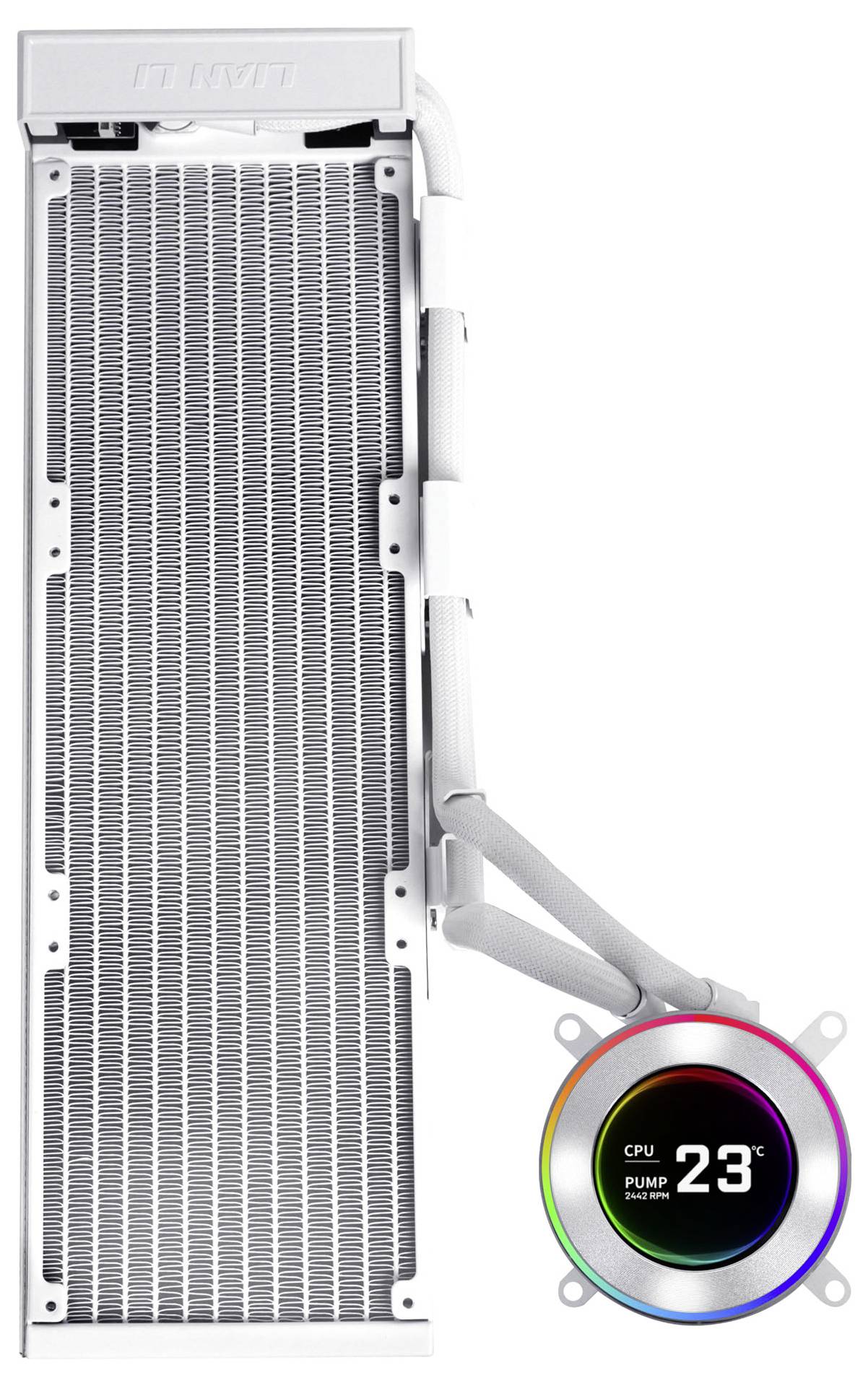 Un refroidisseur liquide blanc pour processeur avec un grand radiateur et un afficheur de pompe rond indiquant « CPU 23 °C ».