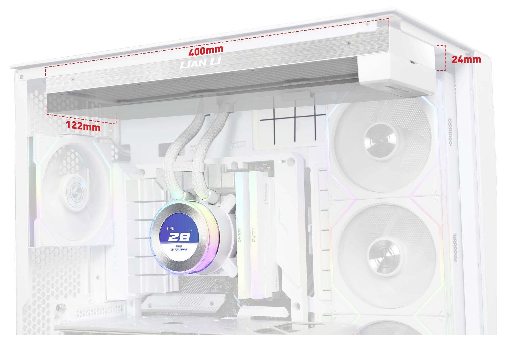 Un boîtier d'ordinateur blanc avec des dimensions étiquetées, montrant des composants internes comprenant un refroidisseur de processeur avec l'inscription « CPU 28 » affiché, des ventiladores de refroidissement et des tuyaux.