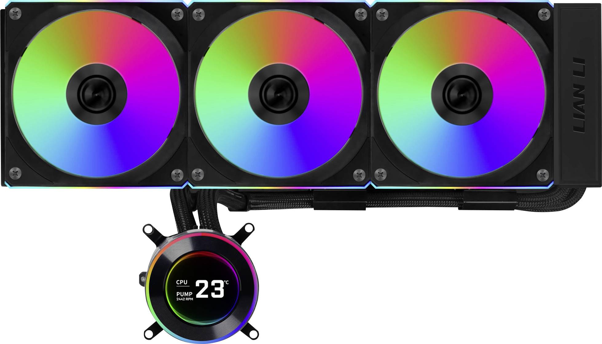 Un système de refroidissement pour ordinateur avec trois ventiladores RGB et un petit écran affichant la température du processeur à 23°C.
