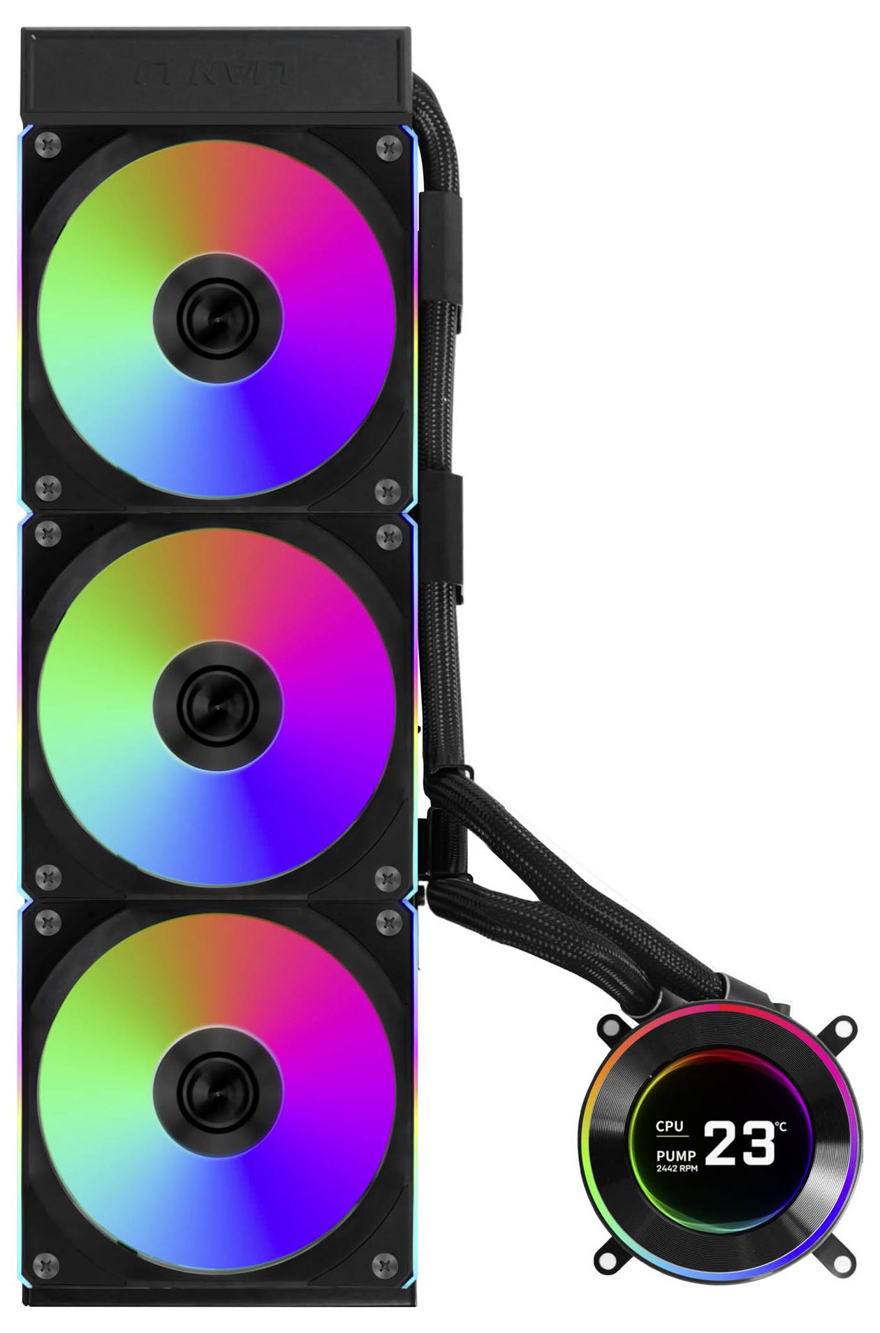 Un système de refroidissement liquide doté de trois ventileurs RGB et d'un bloc CPU affichant '23°C', indiquant la température actuelle du processeur.