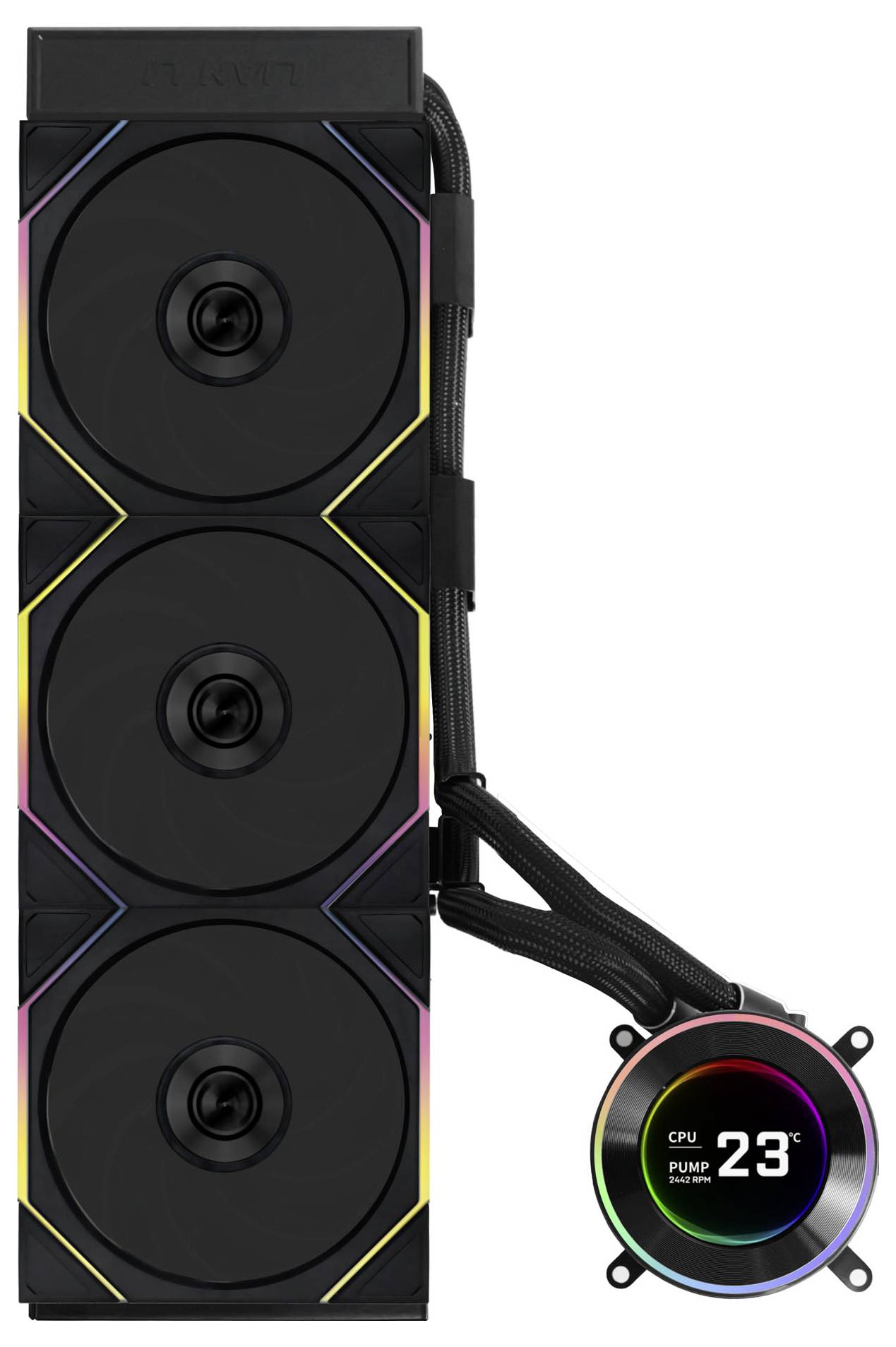 Un système de refroidissement pour ordinateur avec un radiateur à triple ventilateur et un affichage numérique indiquant 'CPU PUMP 23°C', avec des accents LED colorés.