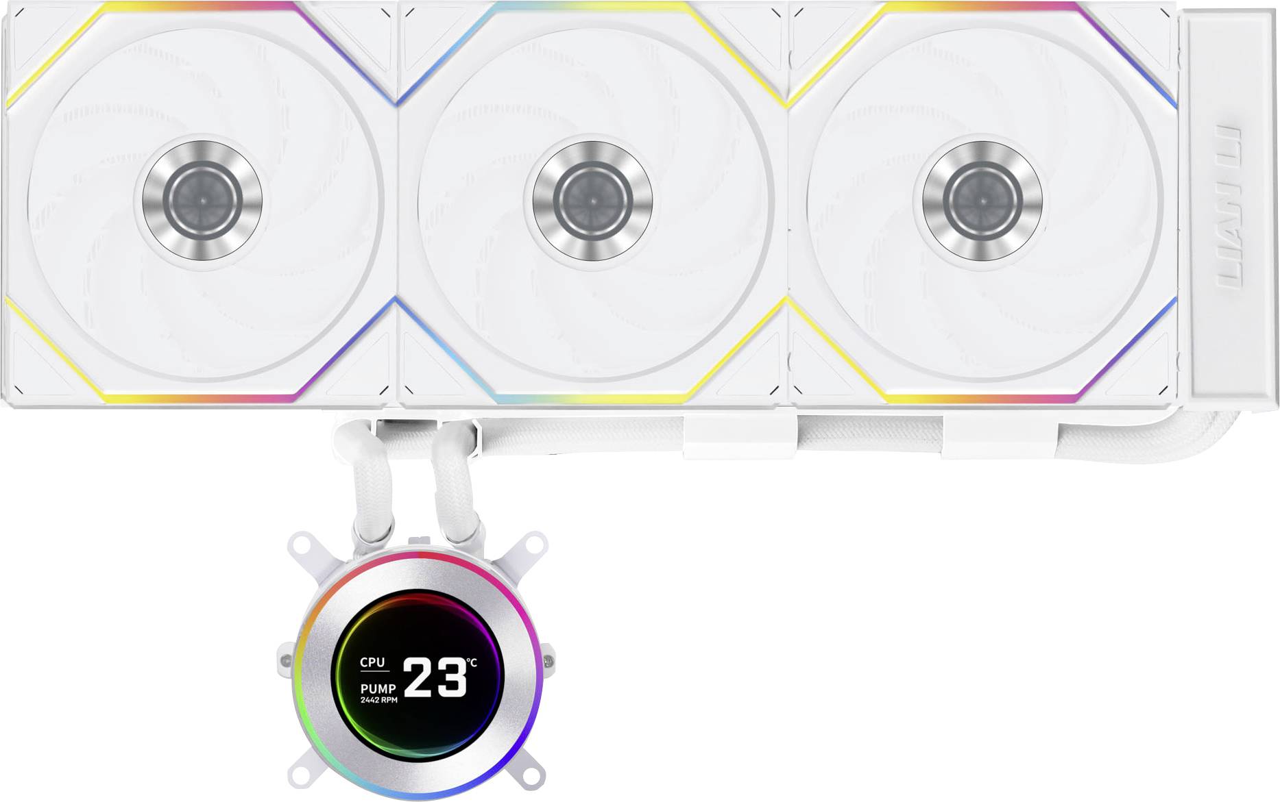 Un boîtier de refroidissement blanc pour ordinateur équipé de trois grands ventileurs et un affichage numérique indiquant « CPU PUMP 23° ».
