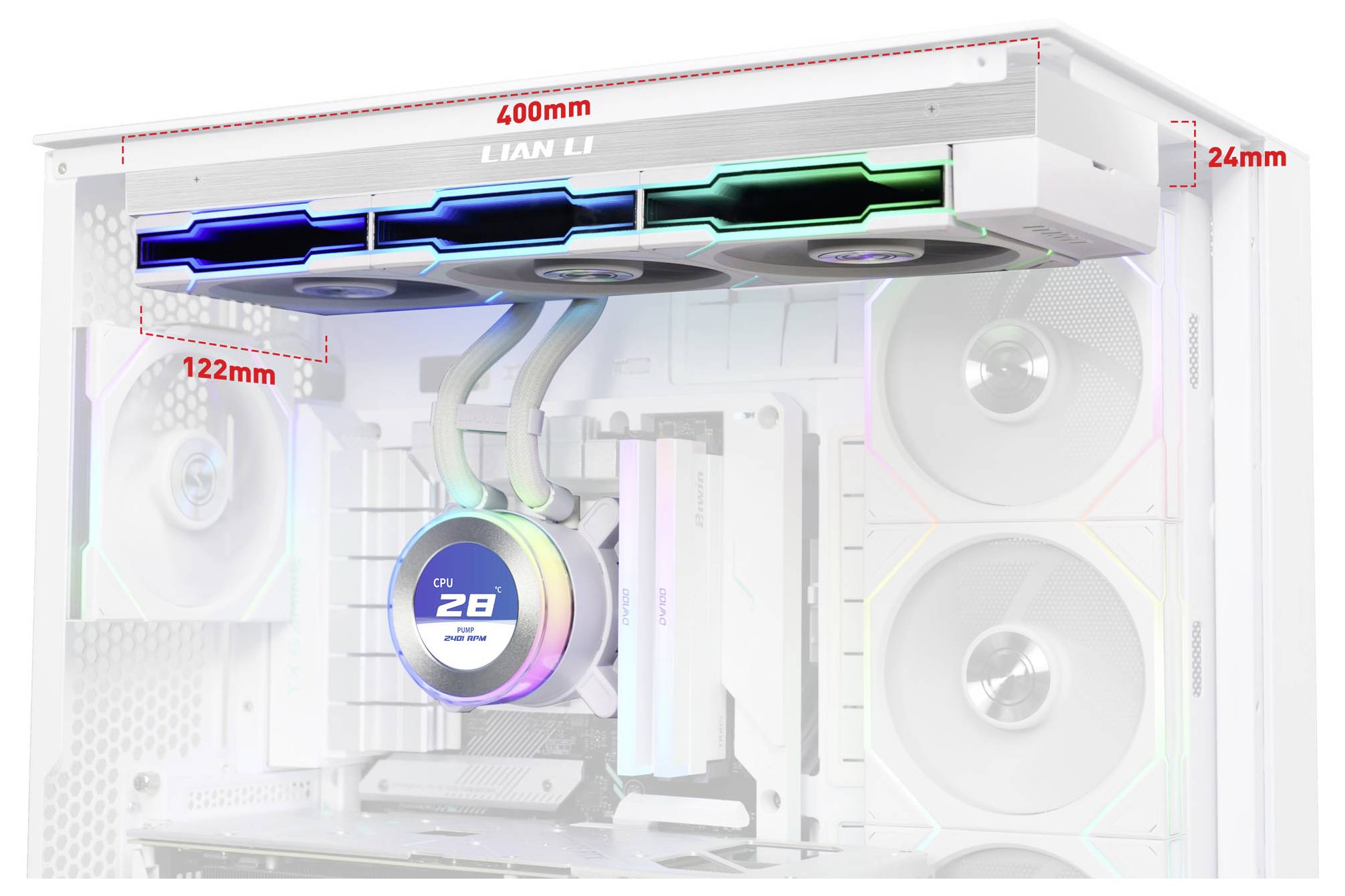 Système de ventilation pour ordinateur à l'intérieur d'un boîtier blanc, doté d'un éclairage RVB. Dimensions présentées : 400 mm de largeur, 122 mm de hauteur, 24 mm de profondeur.