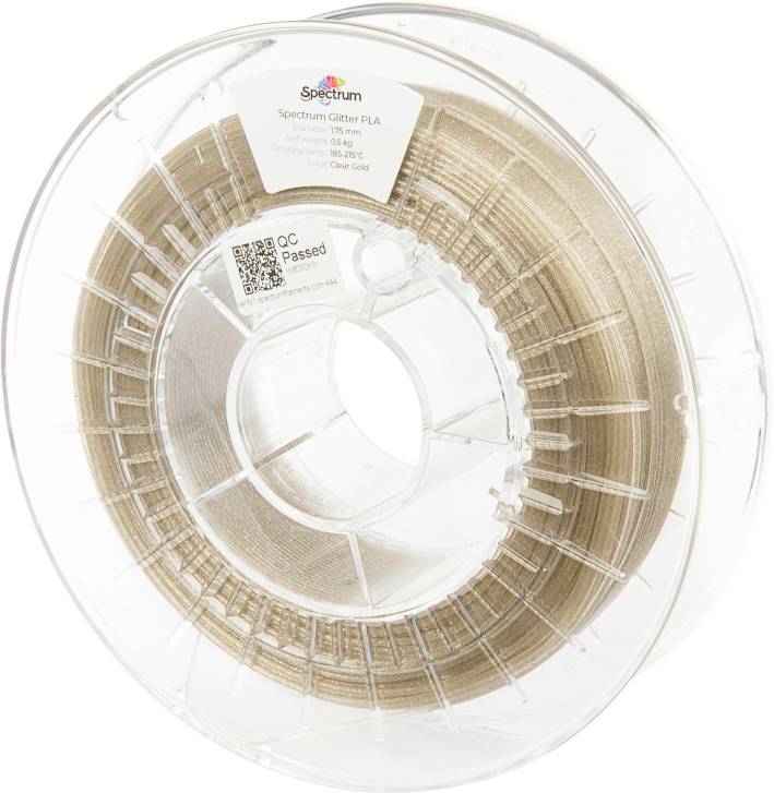 Bobine de filament PLA Spectrum Glitter de couleur marron clair pour impression 3D, diamètre de 1,75 mm, poids de 1 kg, étiquetée avec un code QR et un autocollant de contrôle qualité.