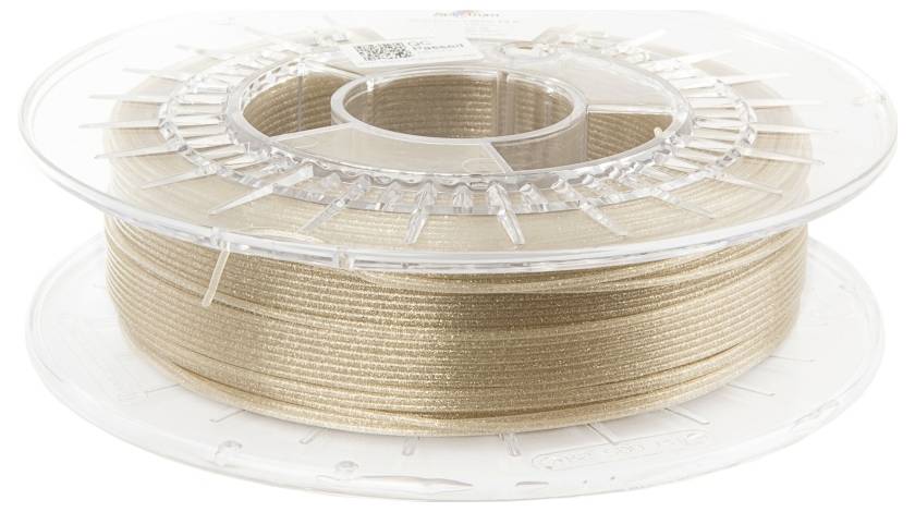 Une bobine de filament d'impression 3D beige enroulé soigneusement autour d'un dévidoir en plastique transparent.