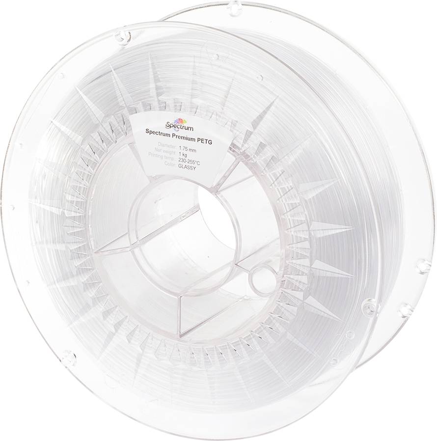 Un bobineau transparent de filament d'impression 3D Spectrum Premium PETG, d'épaisseur 1,75 mm, pesant 1 kg, avec une plage de température de 220-250°C et une finition brillante.