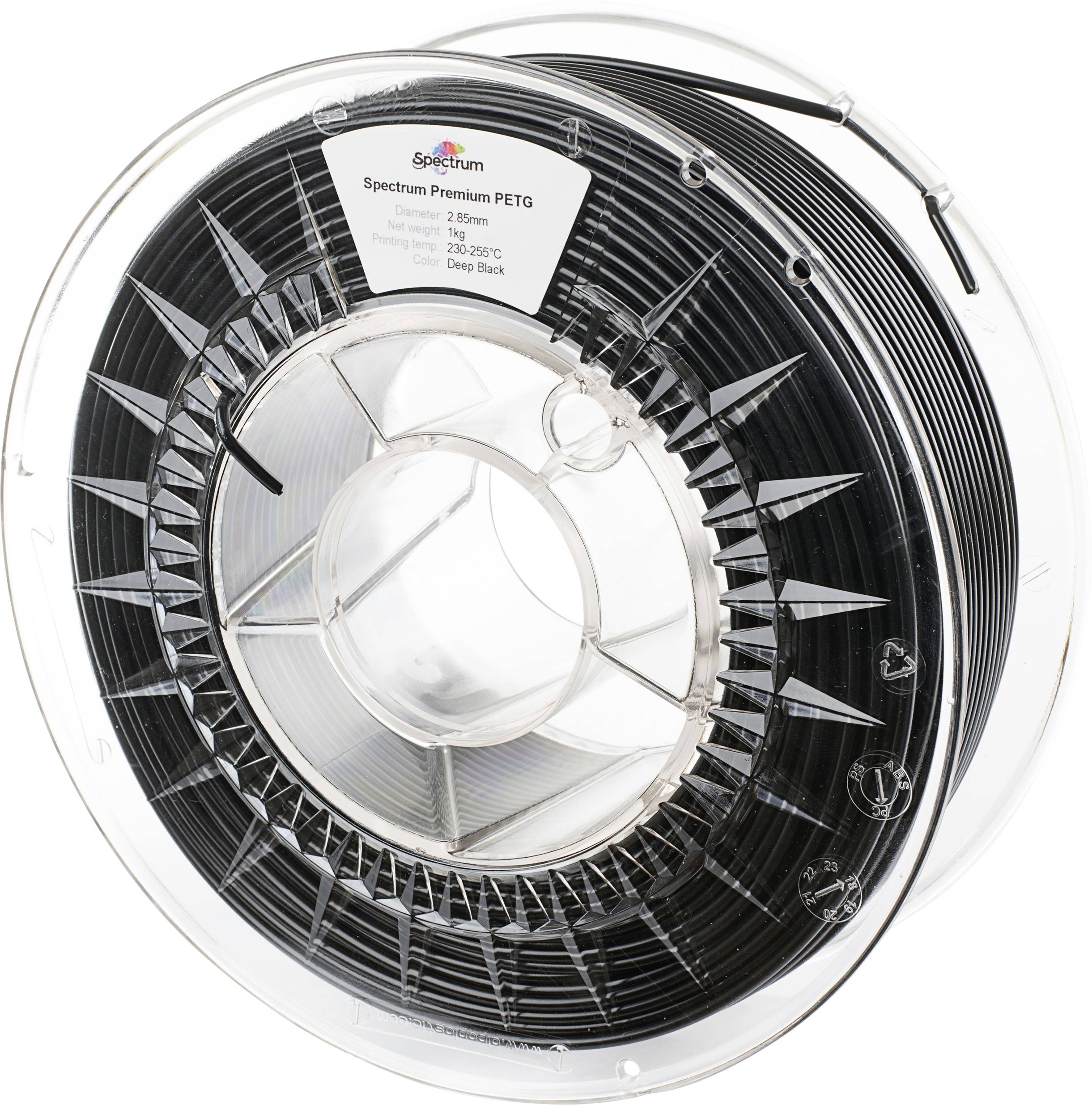 Une bobine de filament d'impression 3D noir étiquetée « Spectrum Premium PETG ».