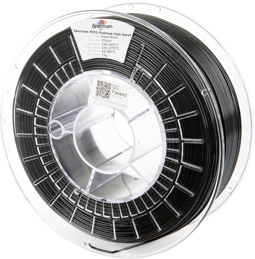 Une bobine de filament d'imprimante 3D noir étiquetée « Spectrum PETG Premium High Speed ». Plage de température : 230-250°C, plateau : 65-80°C.