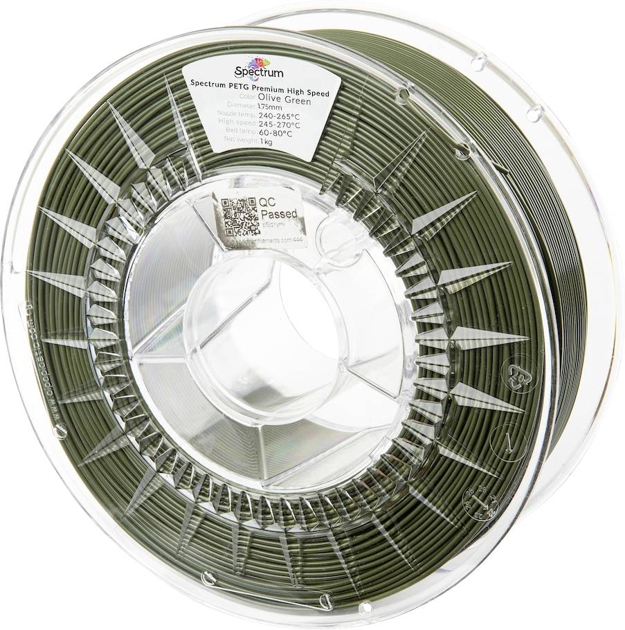 Un carretel transparent de filament vert olive étiqueté 'Spectrum PETG Premium High Speed', détaillant les températures d'impression optimales et les spécifications.