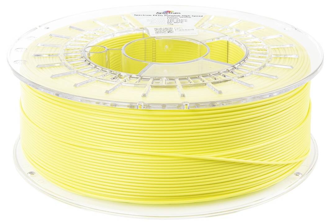 Bobine jaune de filament d'imprimante 3D sur un dévidoir transparent en plastique, vue de côté, avec étiquette de produit sur le dessus.