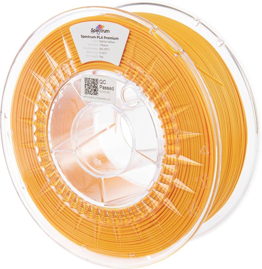 Un rouleau de filament PLA orange étiqueté 'Spectrum PLA Premium' avec un autocollant de contrôle qualité, adapté aux projets d'impression 3D.