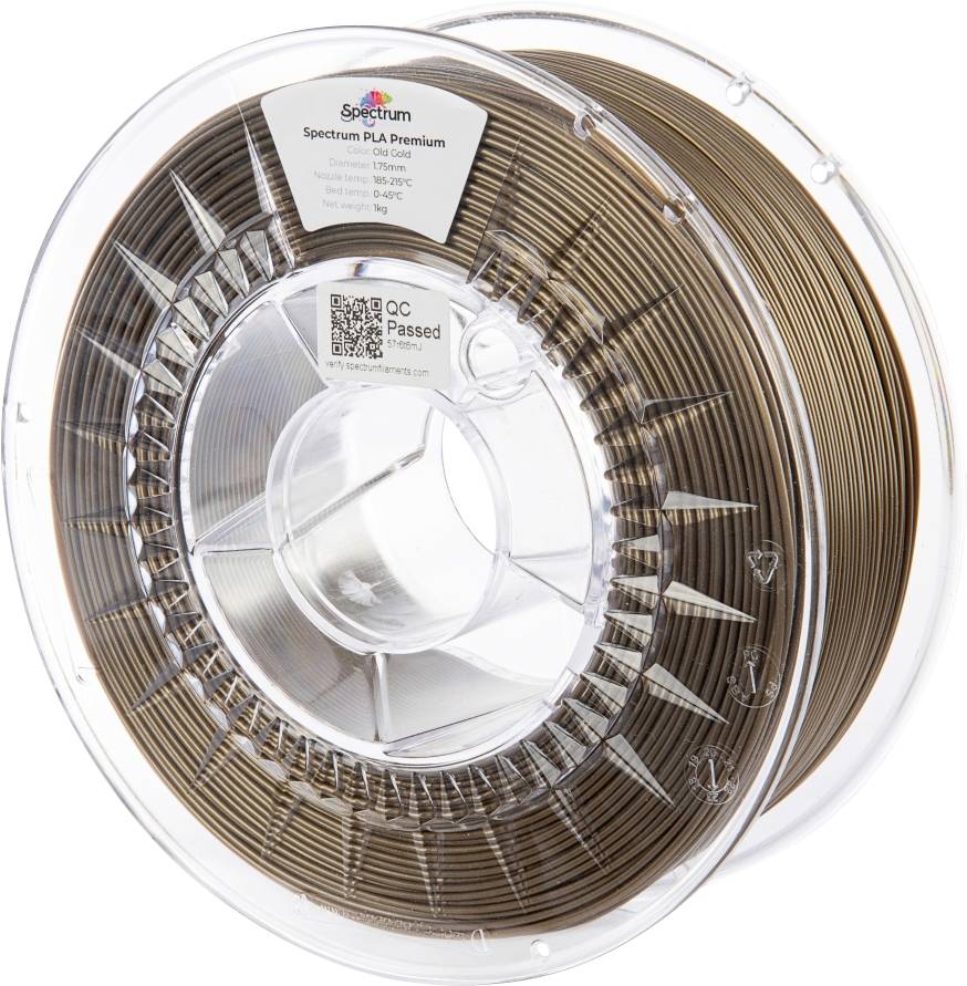 Un bobineau de filament PLA Premium Spectrum marron pour impression 3D, étiqueté avec les détails du produit et un autocollant de contrôle qualité 