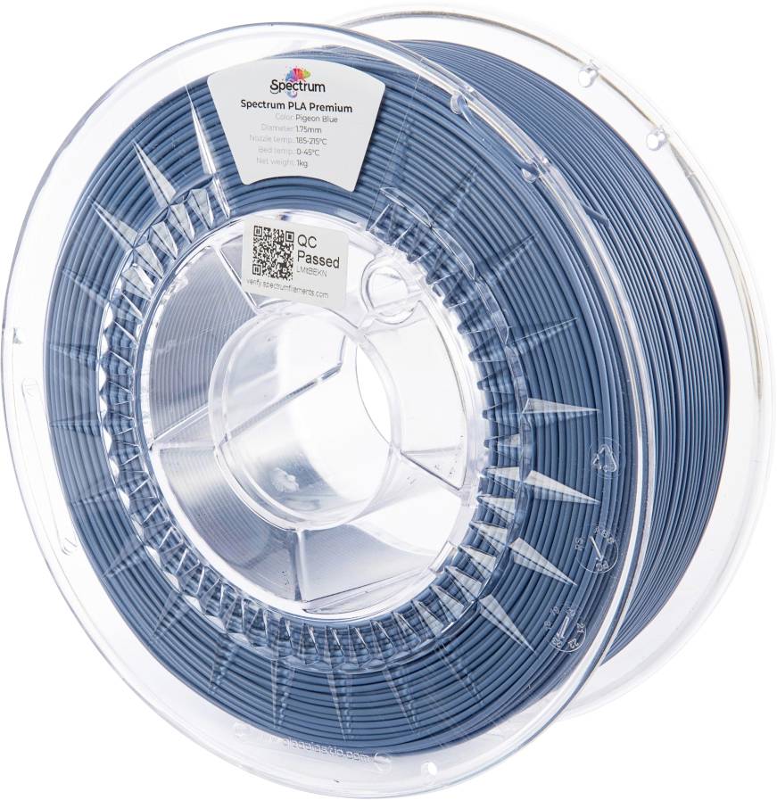 Un bobineau transparent contenant du filament PLA bleu pour impression 3D. L'étiquette indique 'Spectrum PLA Premium', taille 1,75 mm, et un contrôle qualité validé.