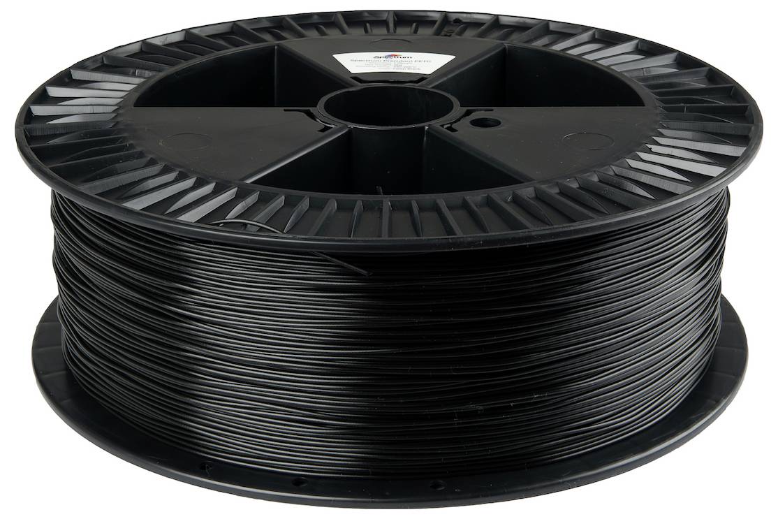 Un bobine de filament d'impression 3D noir, vue de côté, avec du filament enroulé serré prêt à être utilisé pour des projets d'impression 3D.
