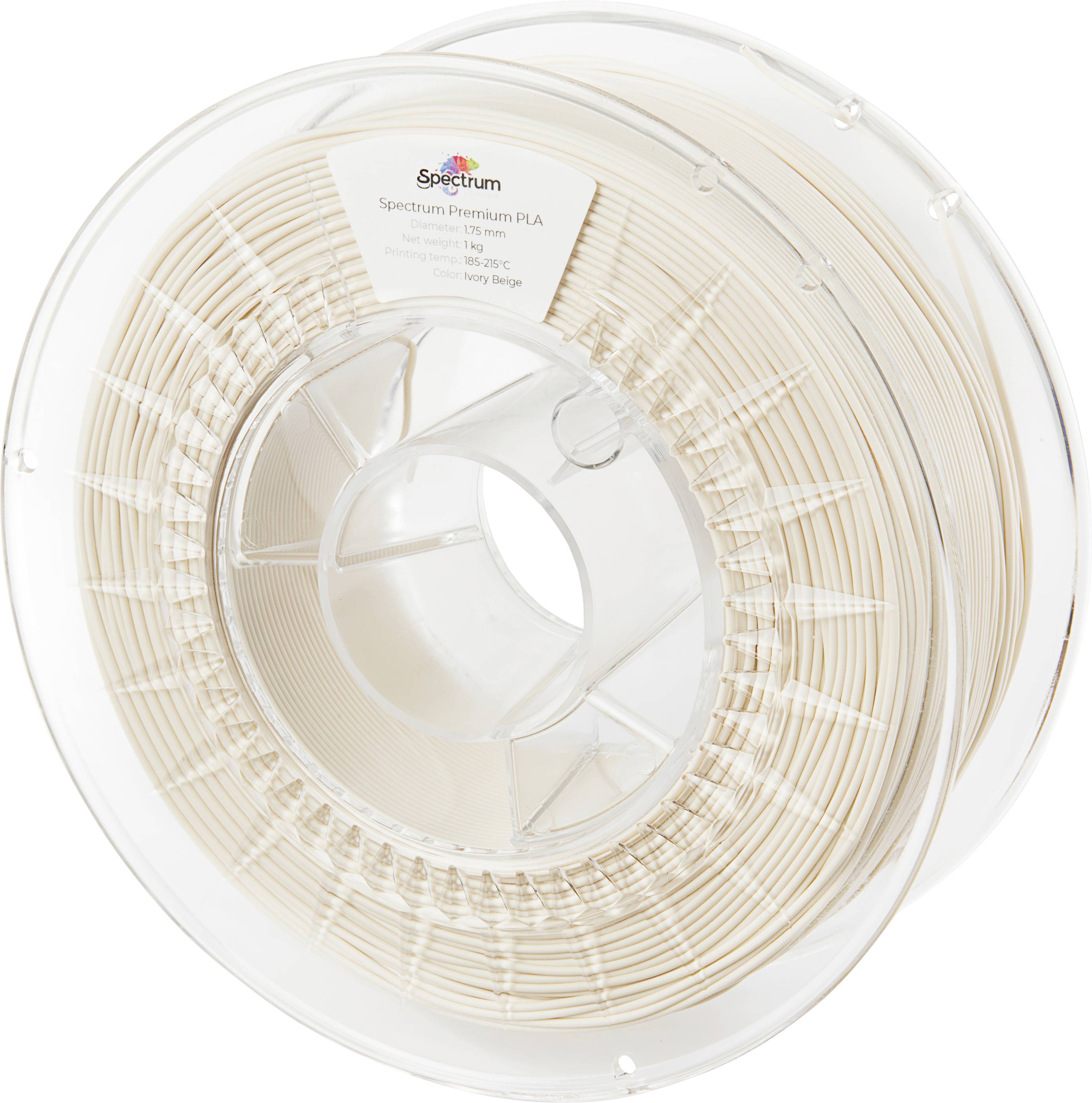 Bobine de filament PLA Premium Spectrum de 3D printing en couleur Beige Ivoire. L'étiquette indique un diamètre de 1,75 mm et un poids de 1 kg.