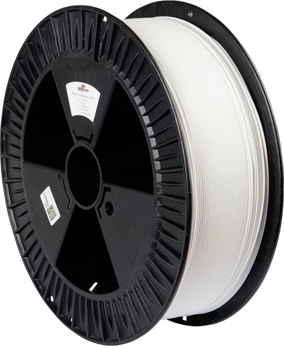 Un bobineau noir de filament d'impression 3D blanc, étiqueté avec les détails du produit sur le côté.