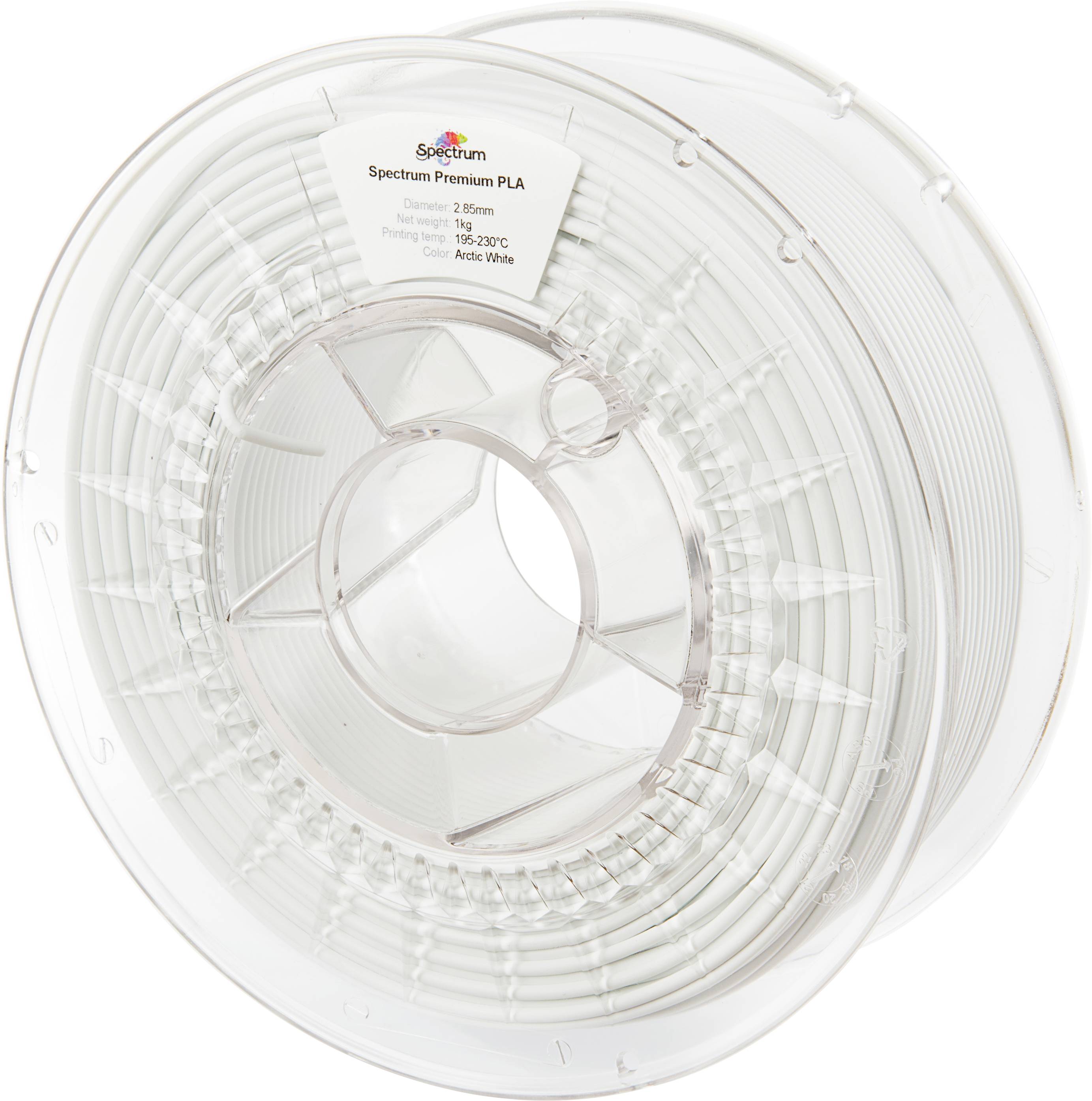 Bobine transparente de filament d'impression 3D étiquetée 'Spectrum Premium PLA', 1,75 mm, de couleur Blanc Arctique.