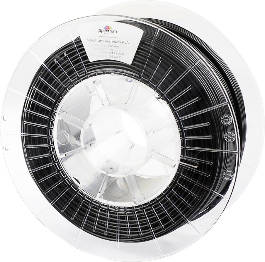 Un rouleau de filament Spectrum Premium PLA de 1,75 mm en noir profond, utilisé pour l'impression 3D, avec une étiquette de produit visible et un emballage en plastique transparent.