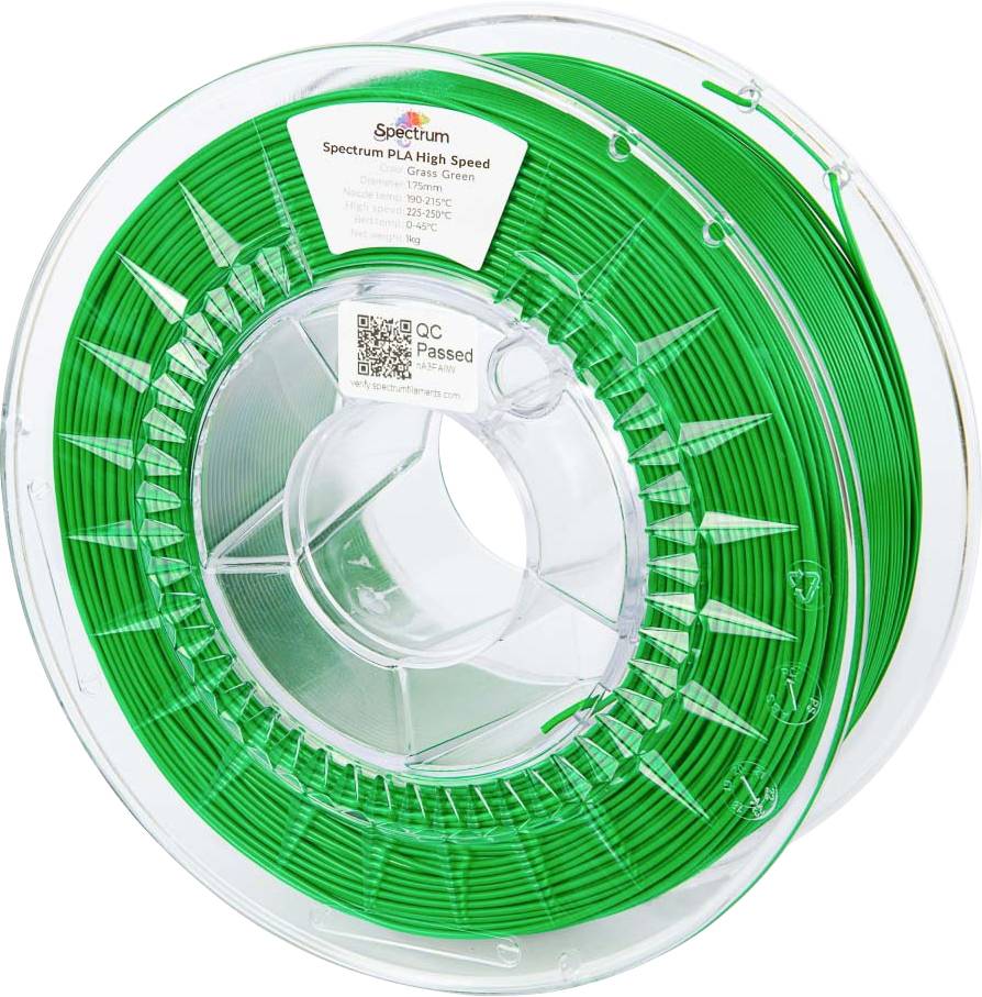 Un bobine transparente de filament PLA vert étiquetée 'Spectrum PLA High Speed', avec les détails du produit et un autocollant 'QC Passed'.