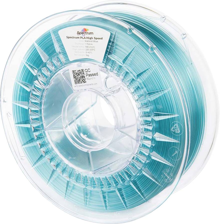 Un rouleau de filament PLA Haute Vitesse Spectrum en turquoise translucide. L'étiquette comprend des détails de spécification et une marque de contrôle qualité (QC Passed).