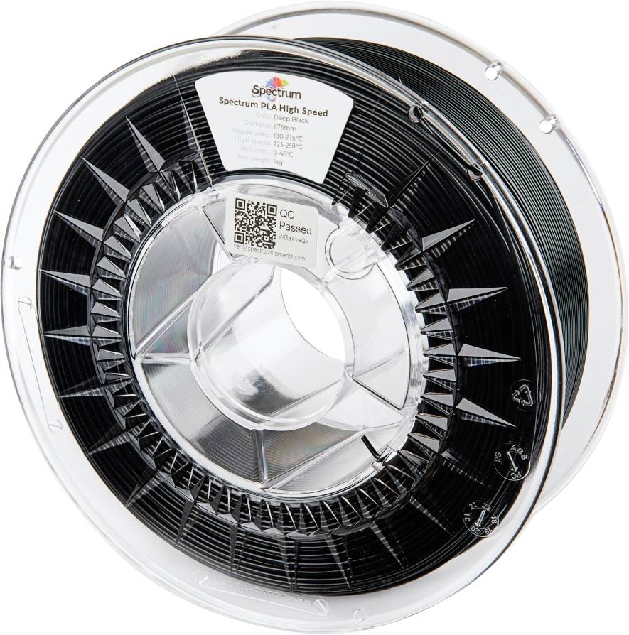 Un rouleau de filament noir pour imprimante 3D étiqueté « Spectrum PLA Haute Vitesse ». L'étiquette indique un diamètre de 1,75 mm et des recommandations de température.