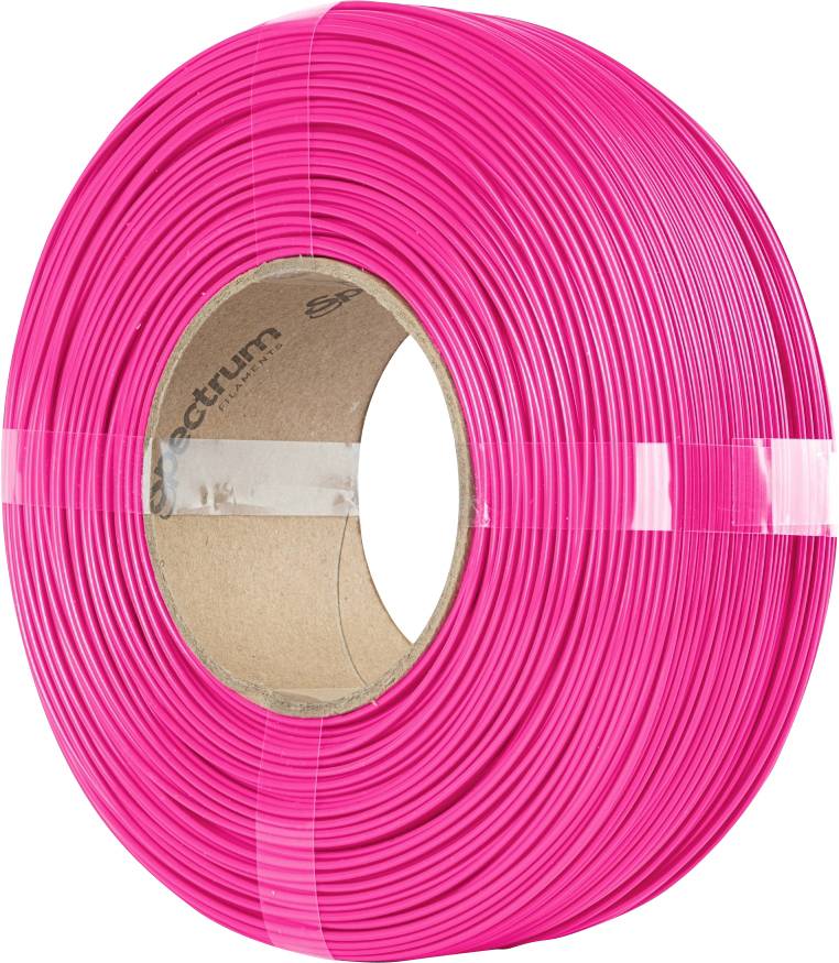 Un bobine de filament rose vif enroulée autour d'un noyau en carton, utilisée pour l'impression 3D.