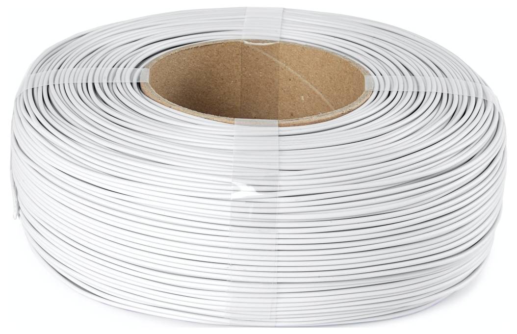 Un grand rouleau de fil blanc enroulé avec un noyau en carton, cerclé d'un emballage plastique, adapté aux travaux électriques ou aux projets de bricolage.