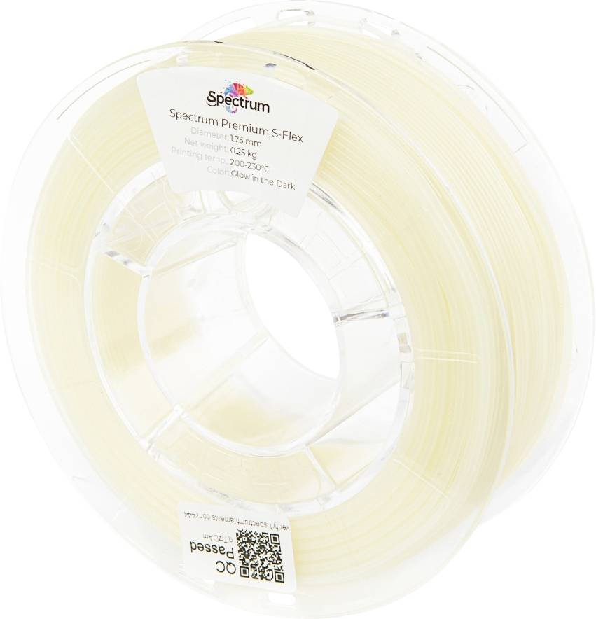 Bobine de filament pour imprimante 3D étiquetée « Spectrum Premium S-Flex ». Caractéristiques : diamètre de 1,75 mm, poids de 0,25 kg, luminescent dans l'obscurité.
