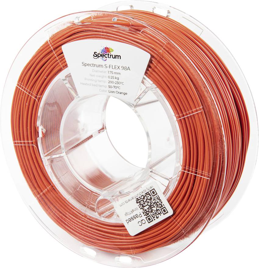 Une bobine de filament Spectrum S-Flex 98A orange pour impression 3D, diamètre 1,75 mm, 0,25 kg, avec une plage de température de 220-250 °C.