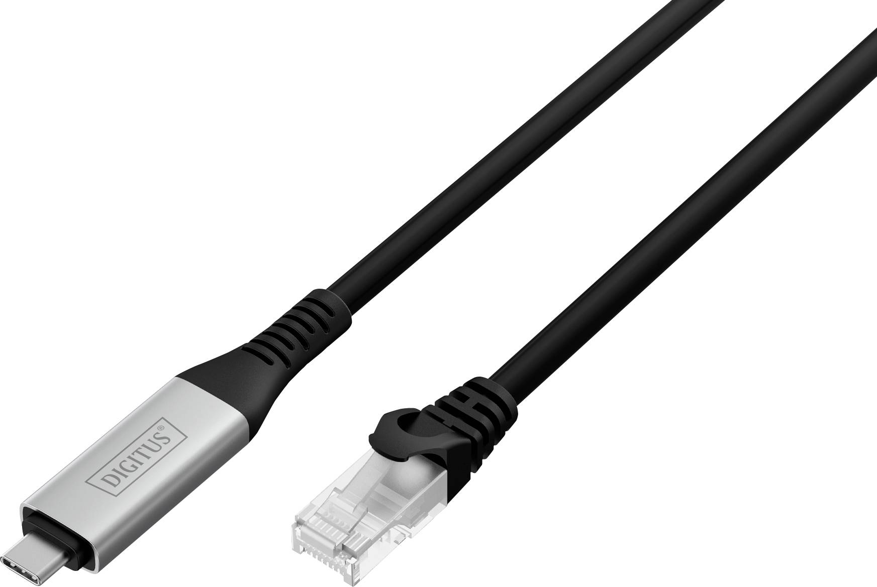 Un câble noir avec un connecteur USB-C à une extrémité et une prise Ethernet à l'autre, étiqueté « DIGITUS », conçu pour la connectivité réseau.