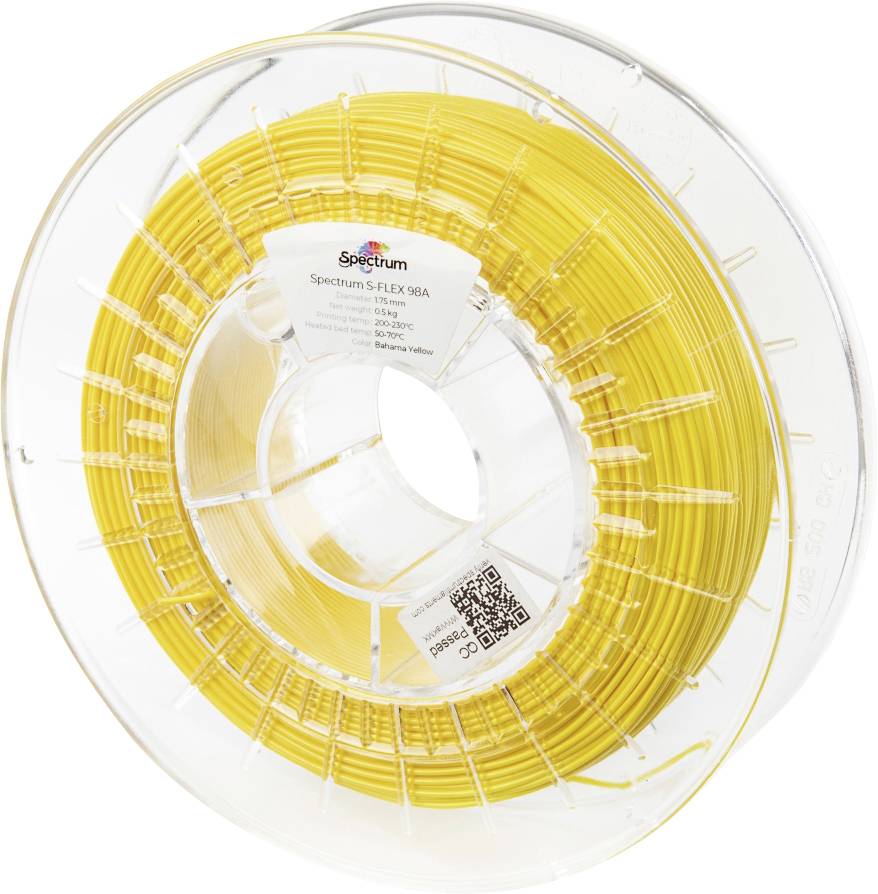 Bobine de filament pour impression 3D de couleur jaune portant l'étiquette « Spectrum S-FLEX 98A ».