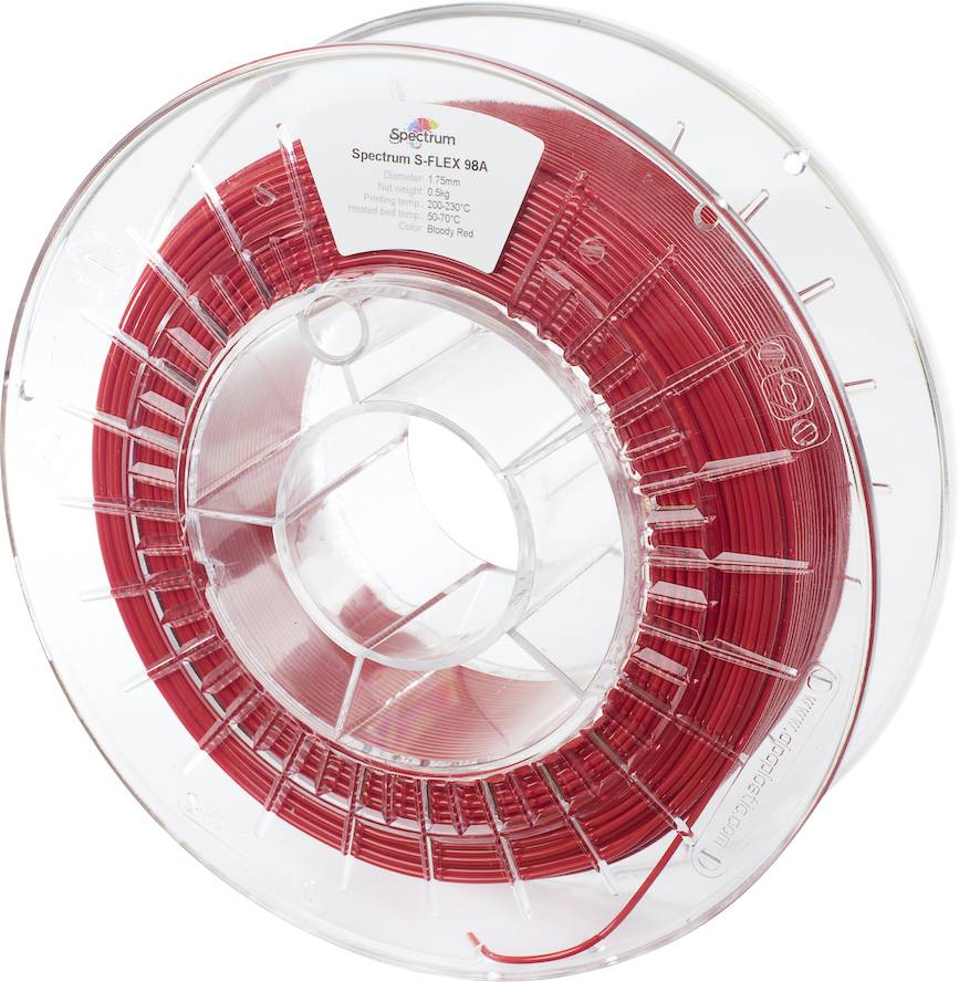 Un bobineau transparent de filament flexible rouge pour impression 3D, étiqueté « Spectrum S-Flex 98A ».